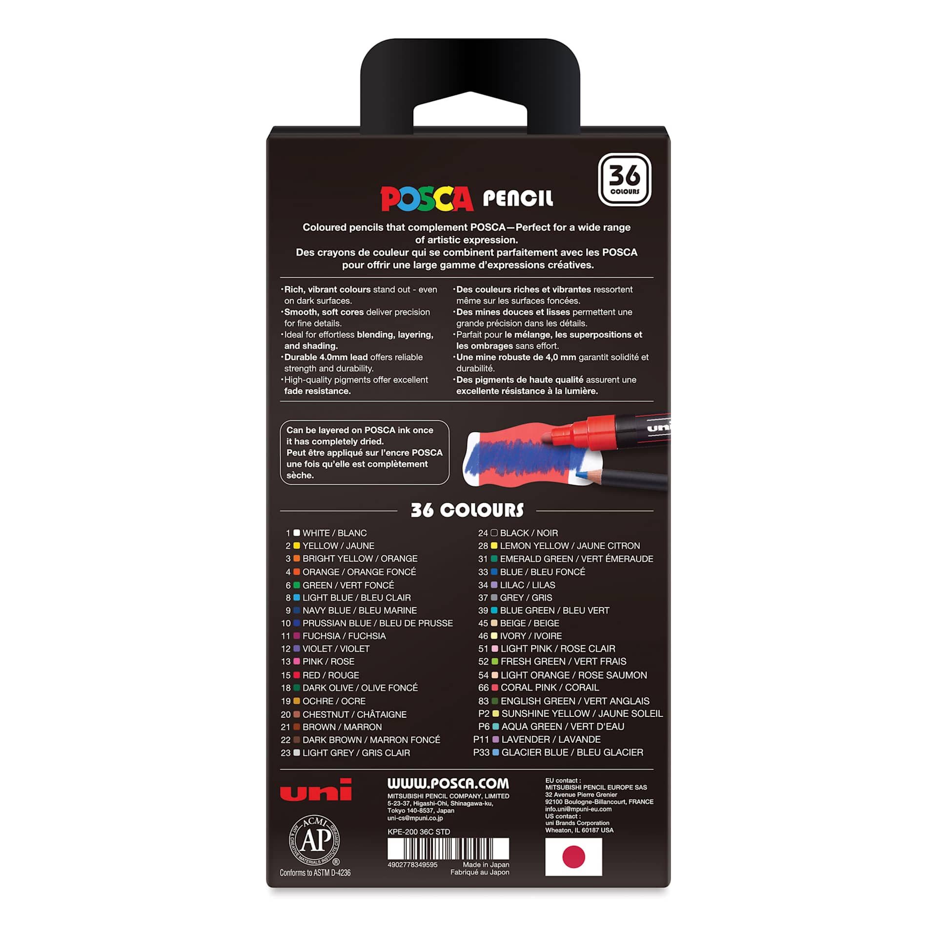 Posca Colored Pencils - Set of 36, Assorted Colors, 2026 Edition, back of packaging