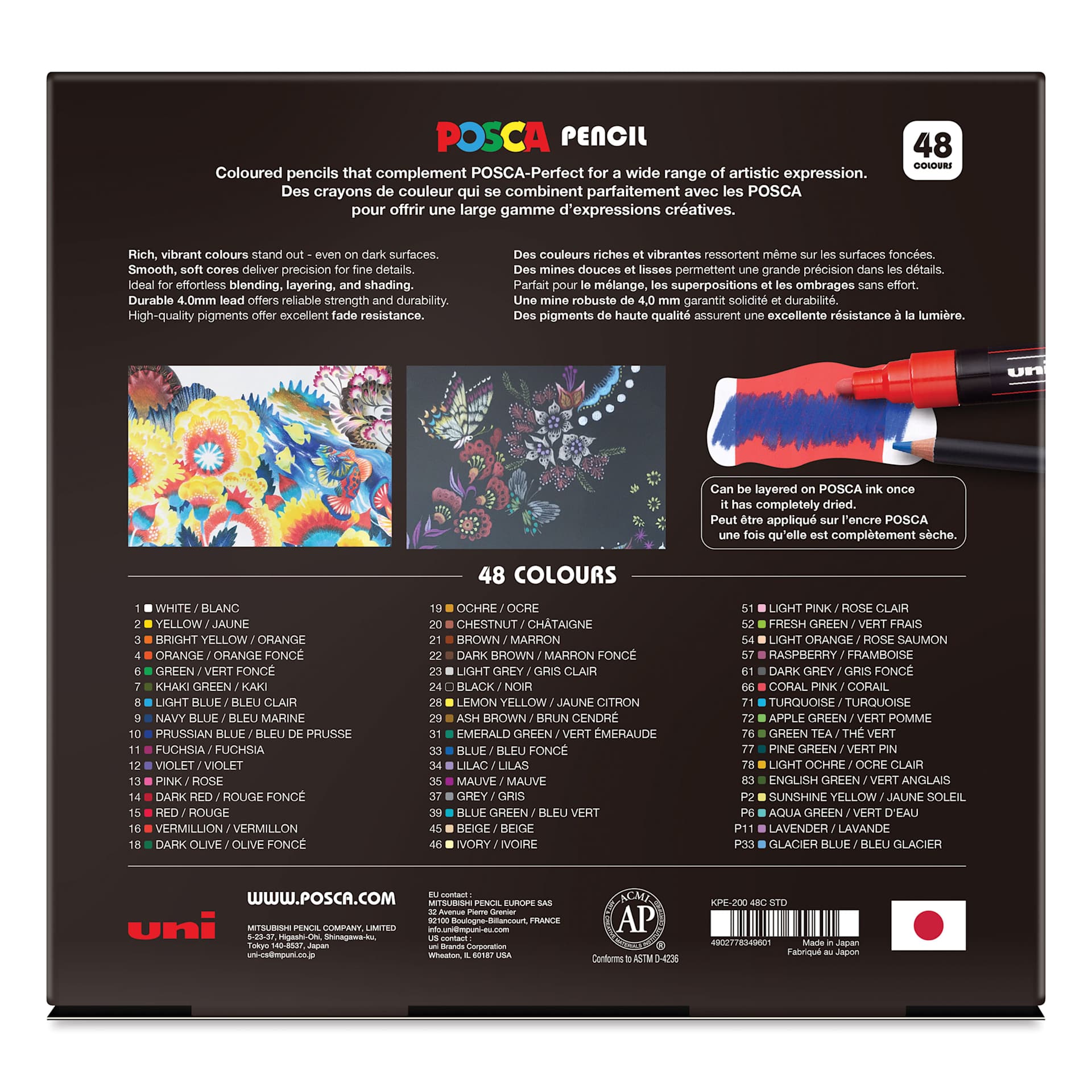 Posca Colored Pencils - Set of 48, Assorted Colors, back of packaging