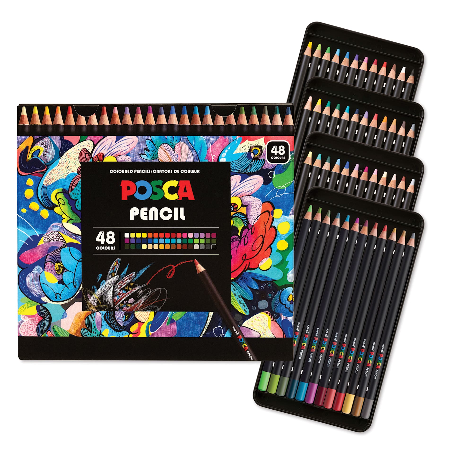 Posca Colored Pencils - Set of 48, Assorted Colors, packaging with contents