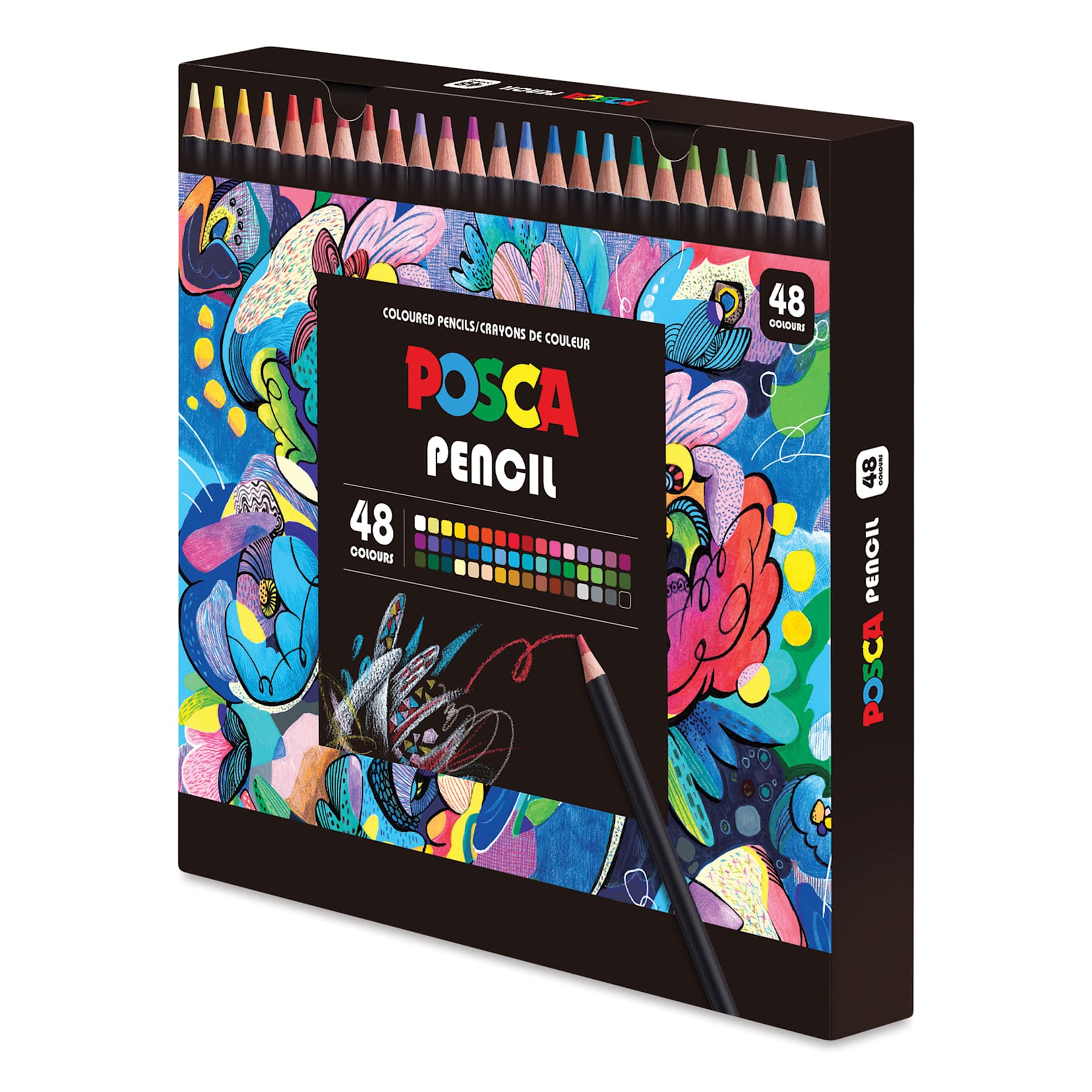 Posca Colored Pencils - Set of 48, Assorted Colors, angled view of packaging