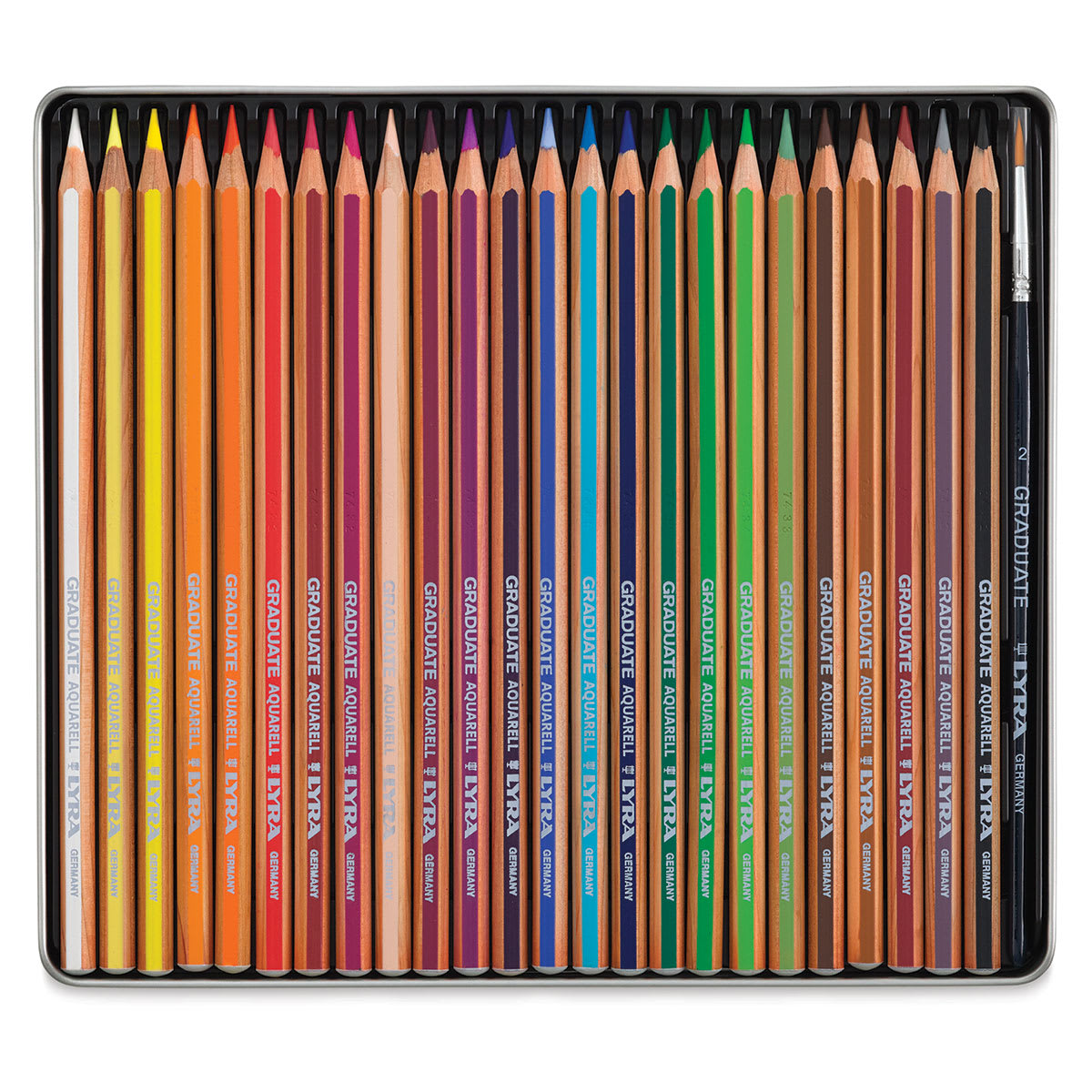 Lyra Graduate Aquarell Pencils - Set of 24 shown open in storage tin