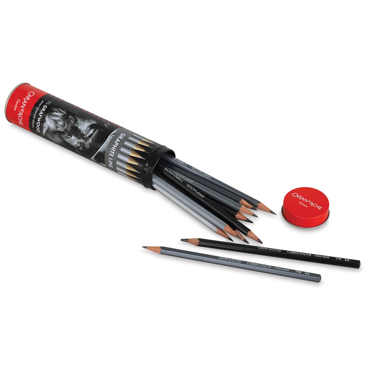 Caran d'Ache Grafwood Pencils and Sets - View of 15 pc set of pencils partially out of Metal Storage Tube