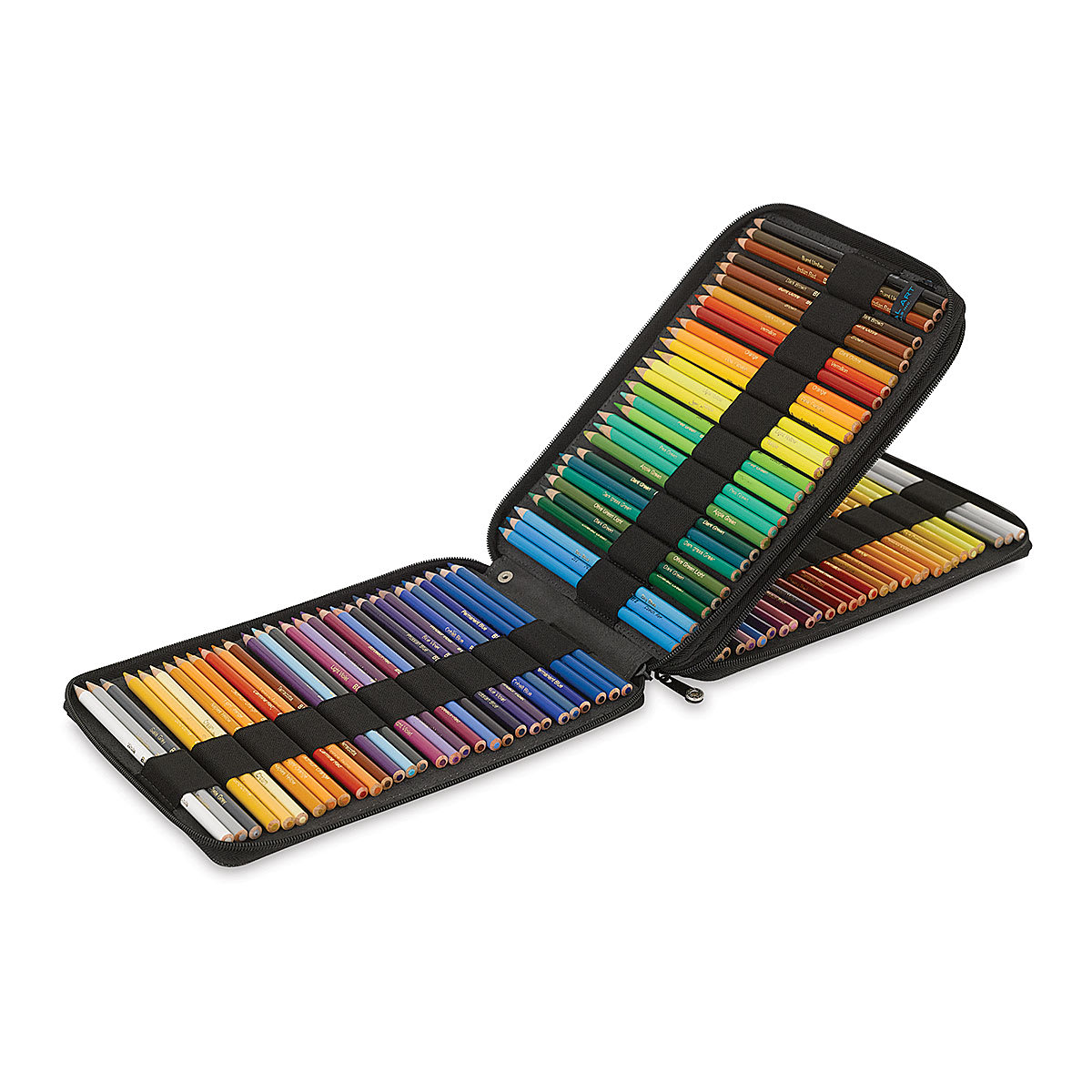 Speedball Canvas Pencil Case - Black, for 120 Pencils, showing colored pencils inside (not included)