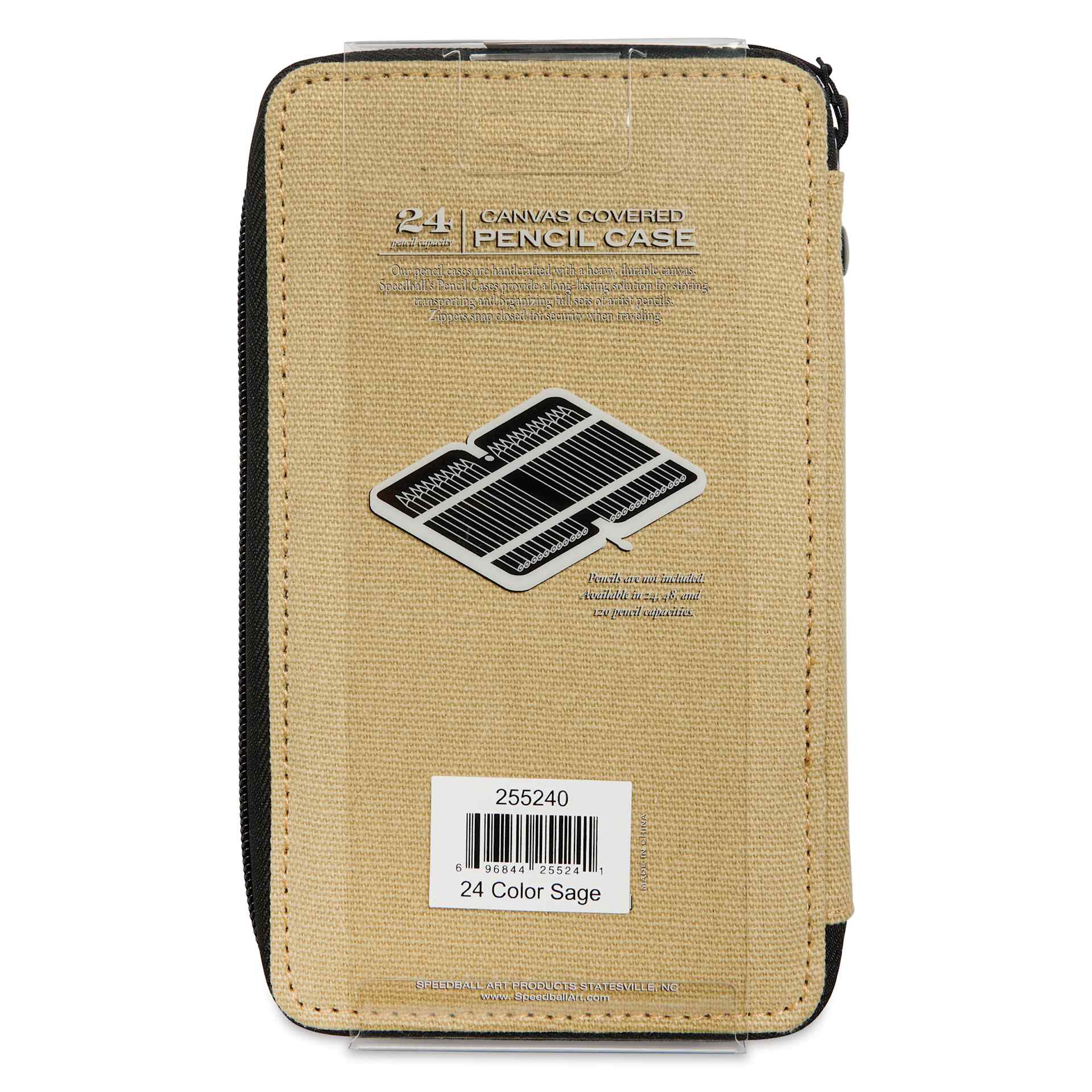 Speedball Canvas Pencil Case - Sage, for 24 Pencils, back of the packaging sleeve