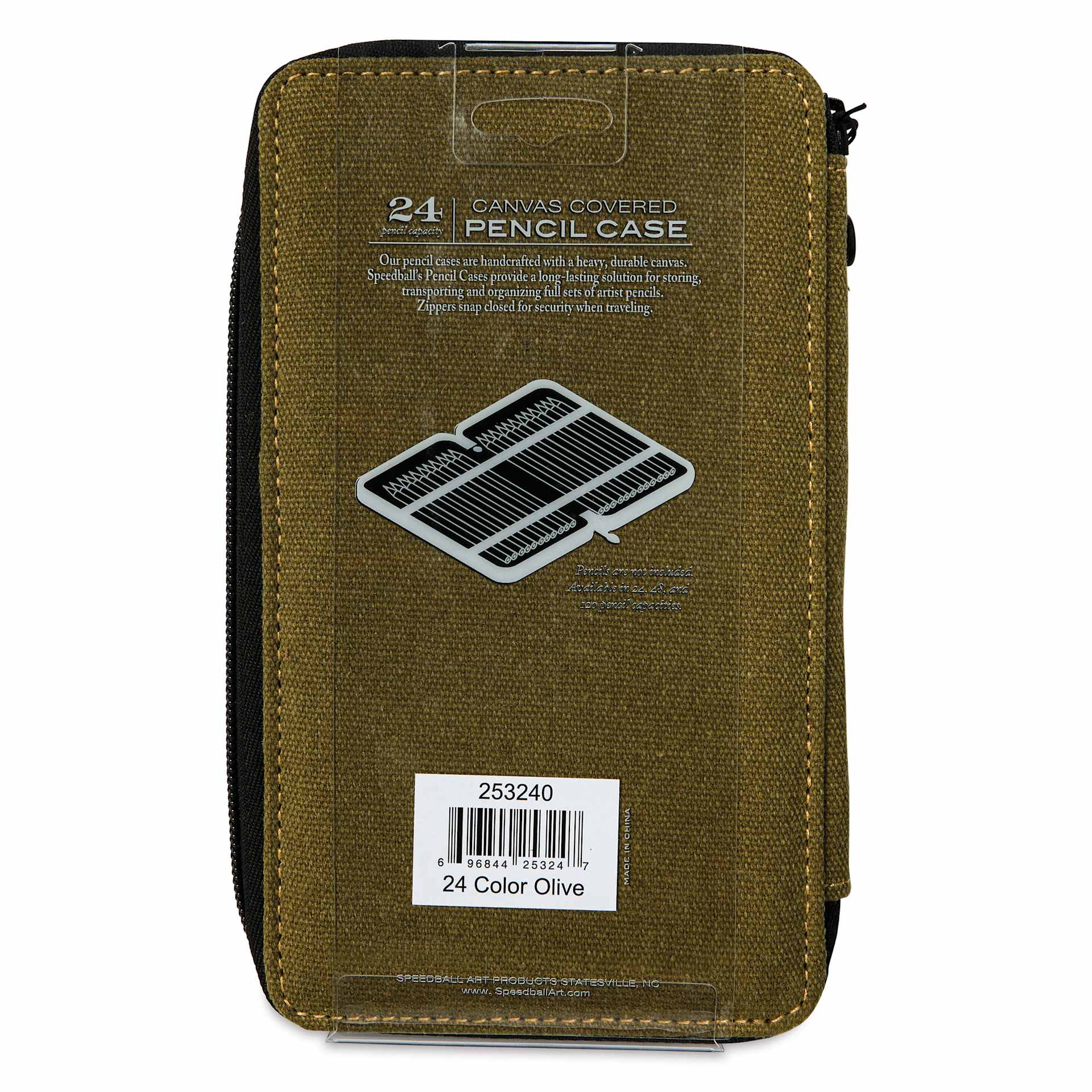 Speedball Canvas Pencil Case - Olive, for 24 Pencils, back of the packaging sleeve