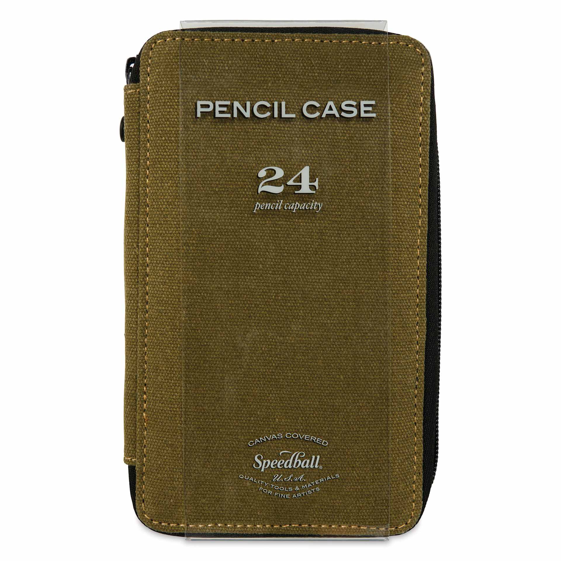 Speedball Canvas Pencil Case - Olive, for 24 Pencils, front of the packaging sleeve