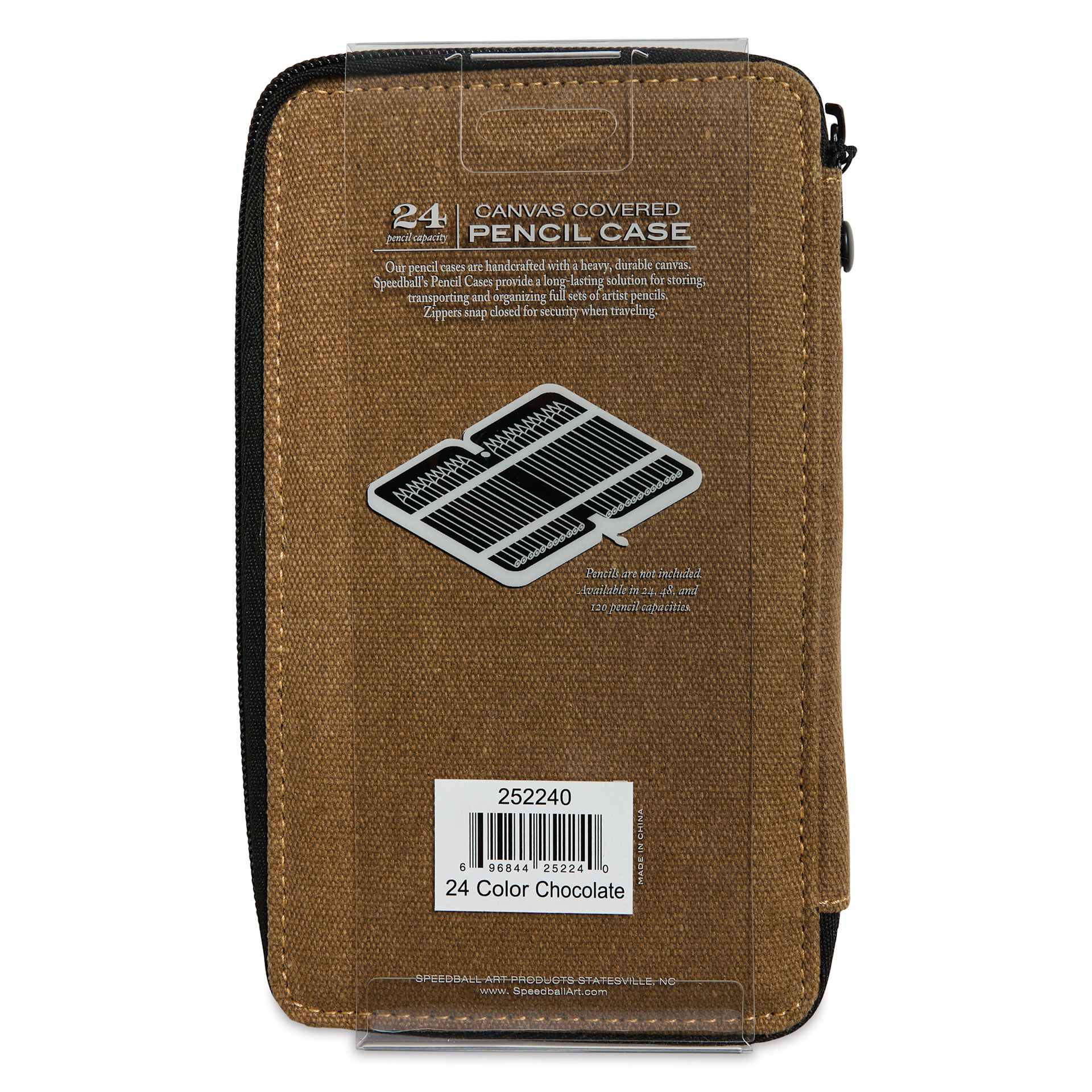 Speedball Canvas Pencil Case - Chocolate, for 24 Pencils, back of the packaging sleeve