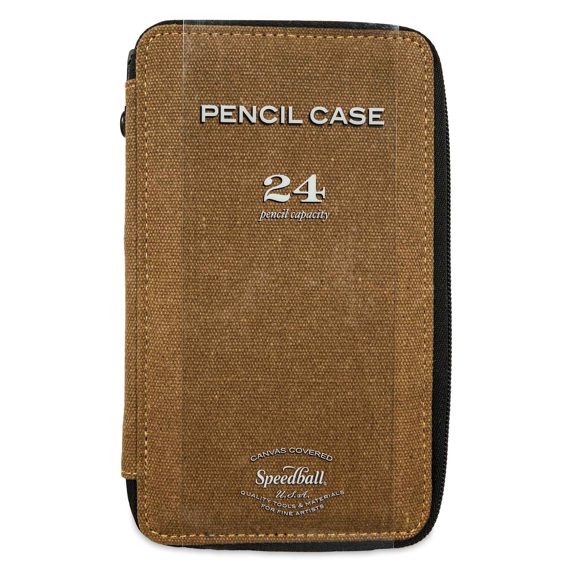 Speedball Canvas Pencil Case - Chocolate, for 24 Pencils, front of the packaging sleeve
