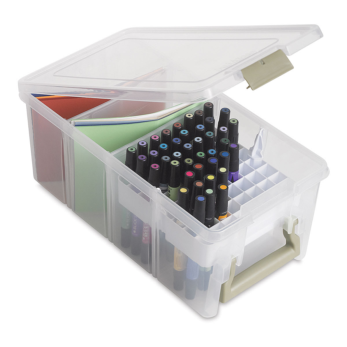 ArtBin Marker Storage Satchel shown open, loaded with supplies, not included