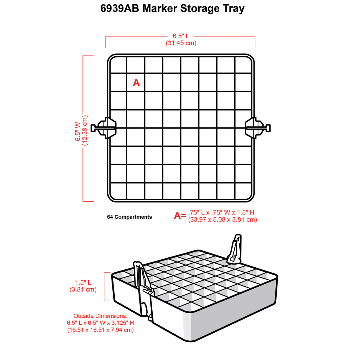 ArtBin Marker Storage Tray Only (illustration with corresponding dimensions)