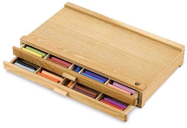 Wood Pastel Cabinet - Angled view of cabinet with 2 Drawers opened slightly showing pastels