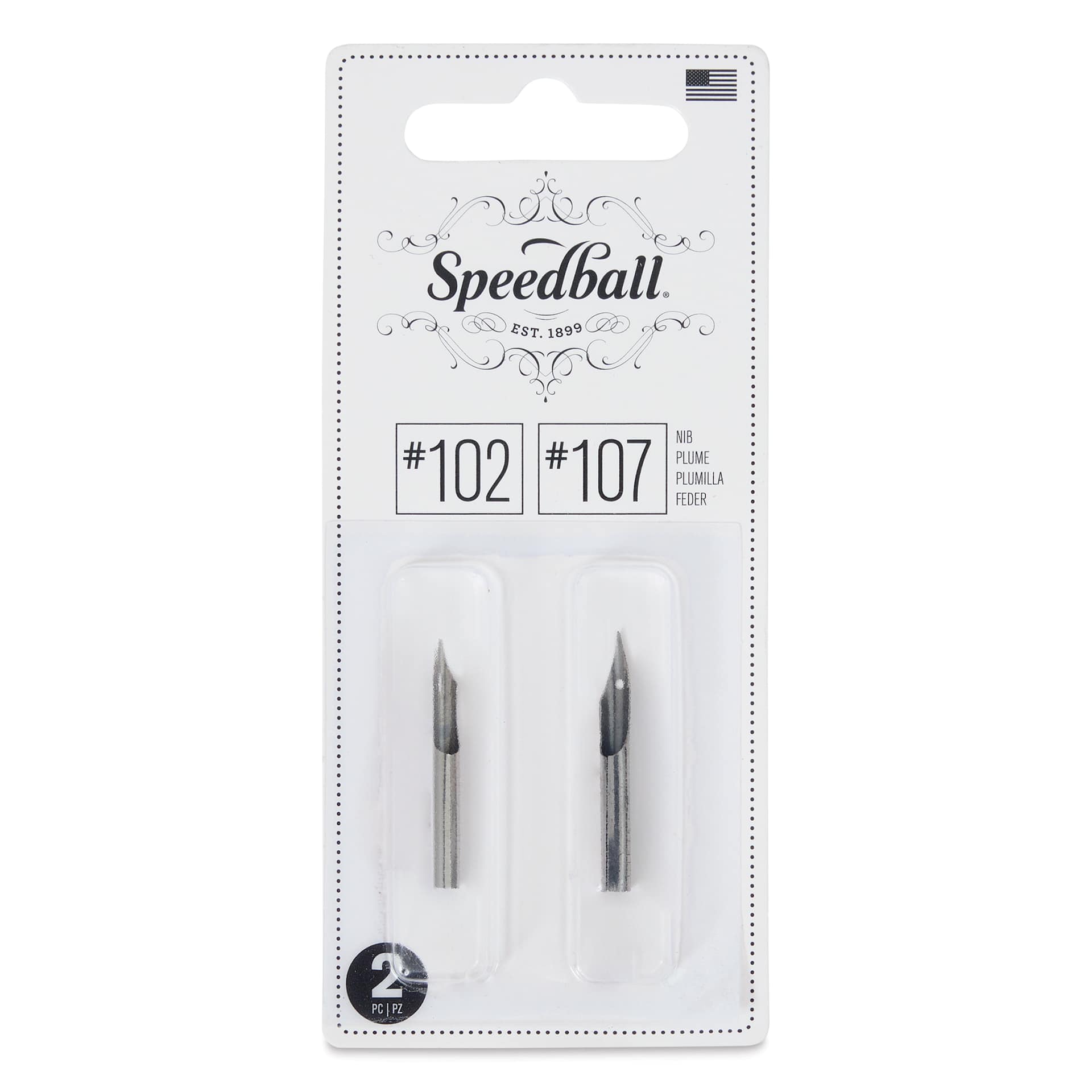 Speedball Hunt Crowquill Pen Nibs - #102 Crowquill and #107 Hawk Quill, front of the packaging