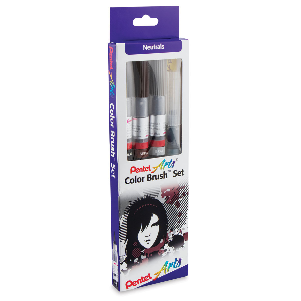Pentel Arts Water-Based Color Brush Pens Set - Left angle of Package of 4 pc set