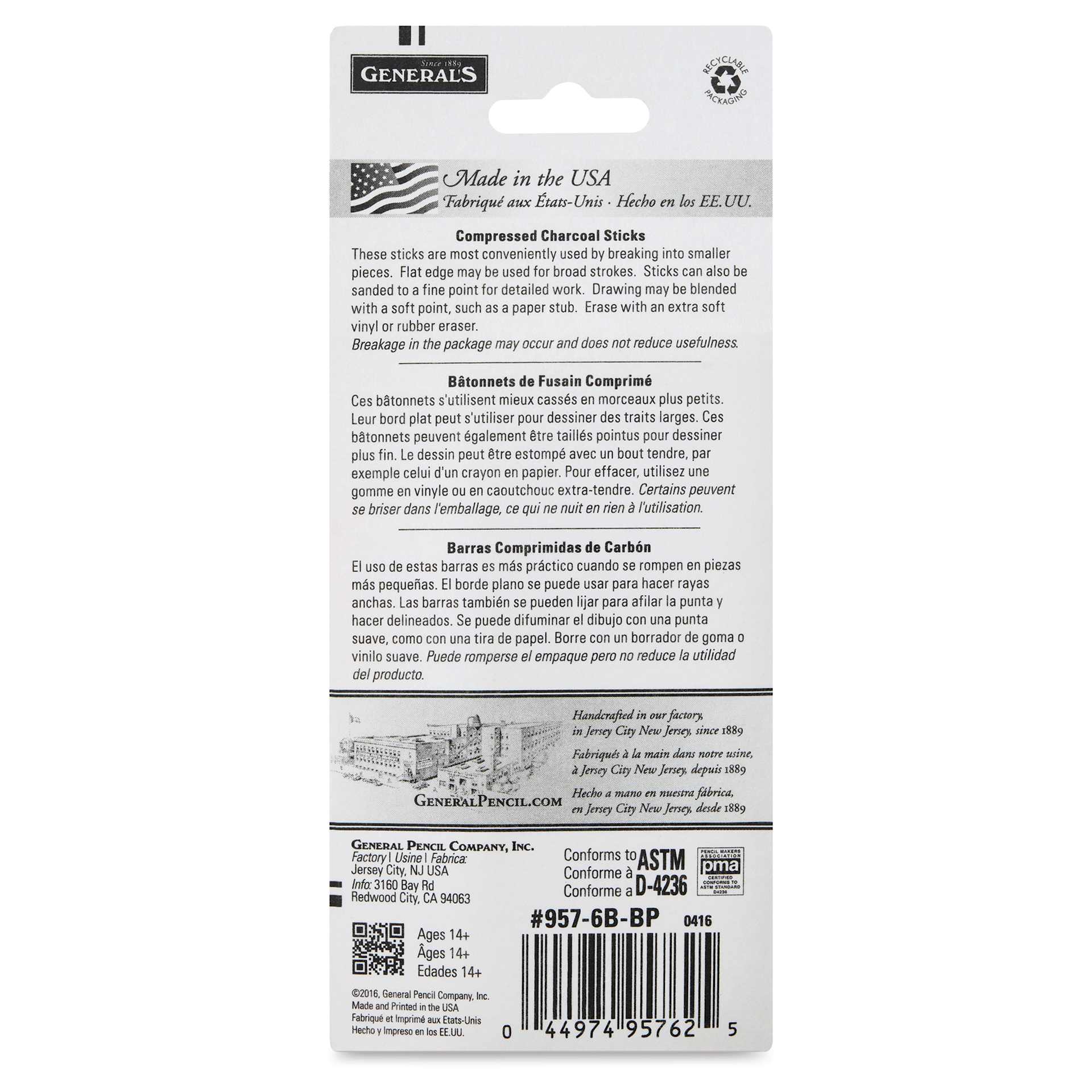 General's Compressed Charcoal - 6B, Pkg of 2, back of the packaging