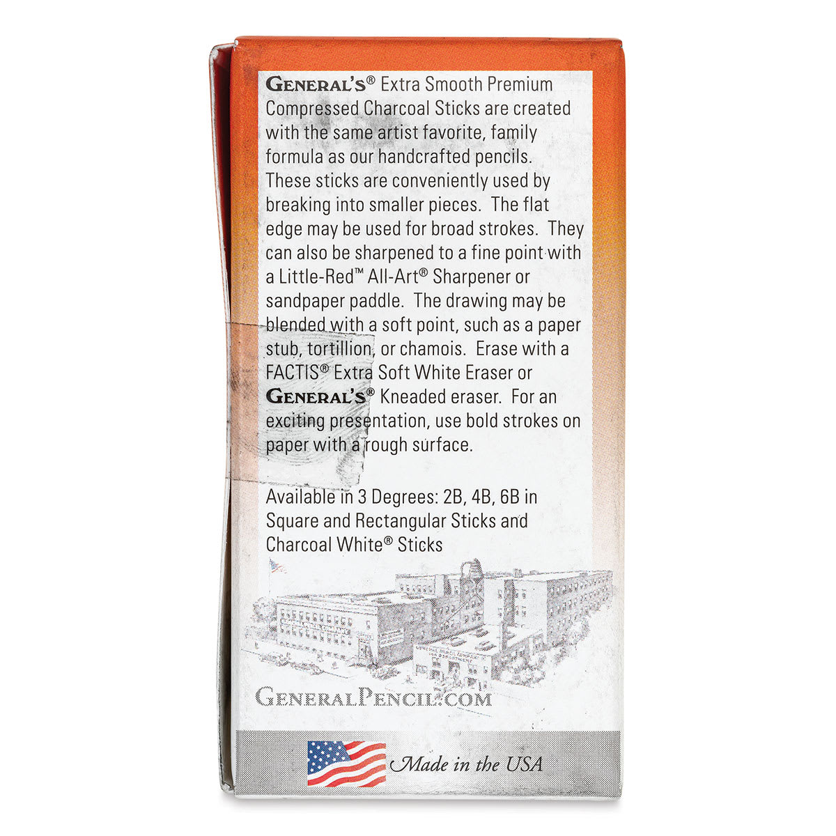 General’s Jumbo Compressed Charcoal - 4B, Box of 6 Sticks, back of the packaging