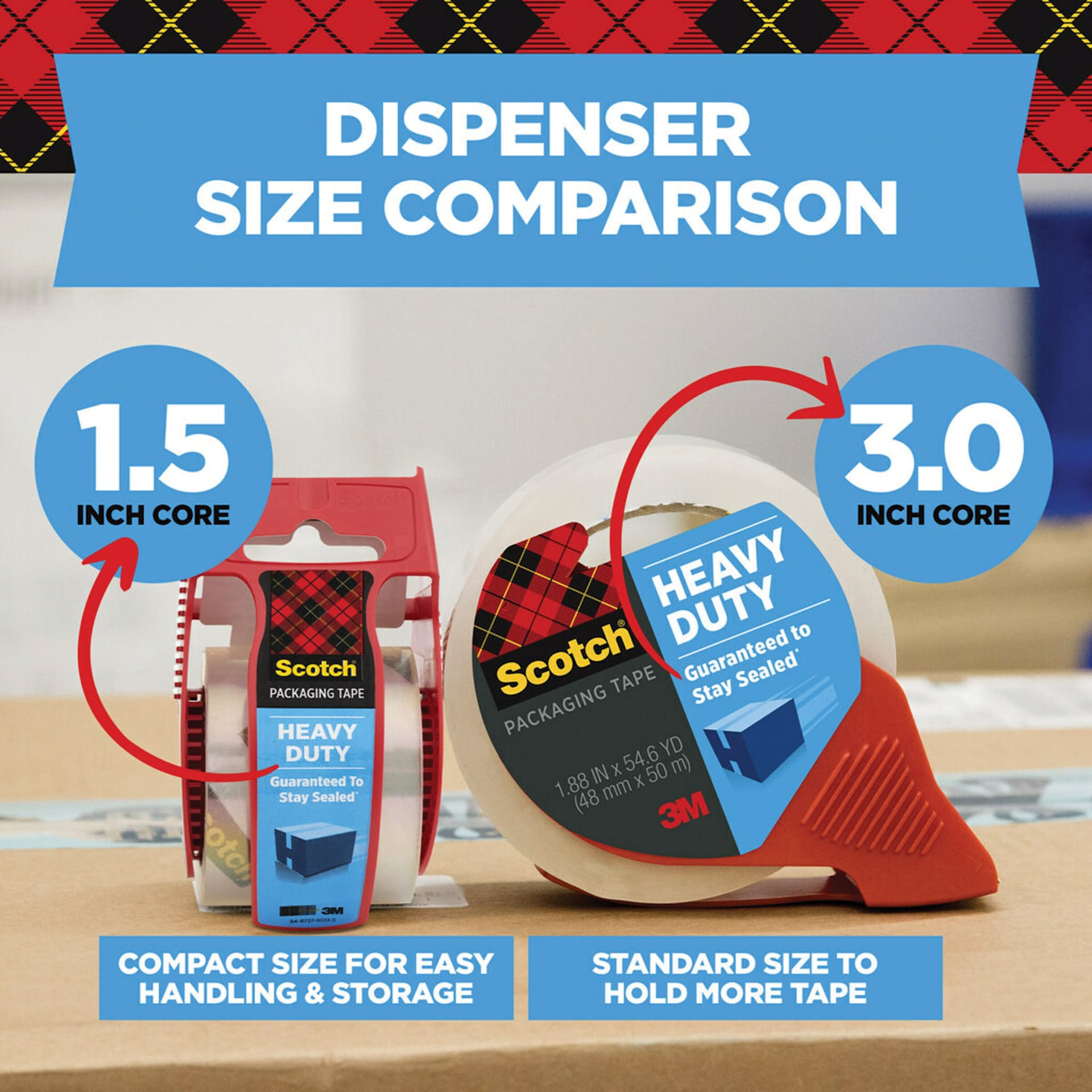 Dispenser size comparison, 1.5 inch core, compact size for easy handling and storage, 3.0 inch core, standard size to hold more tape