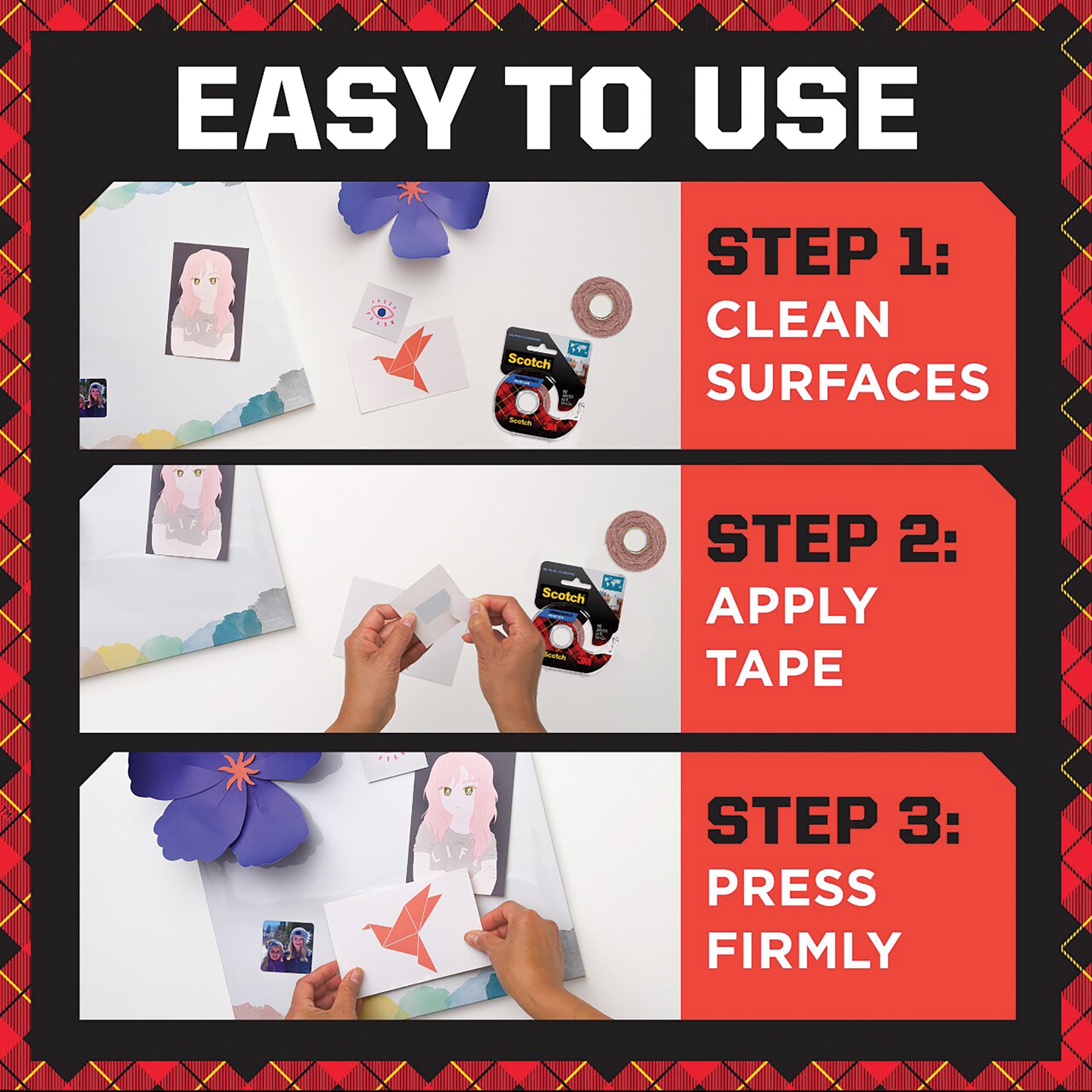 Easy to use: Step 1 - Clean Surfaces, Step 2 - Apply Tape, Step 3 - Press Firmly