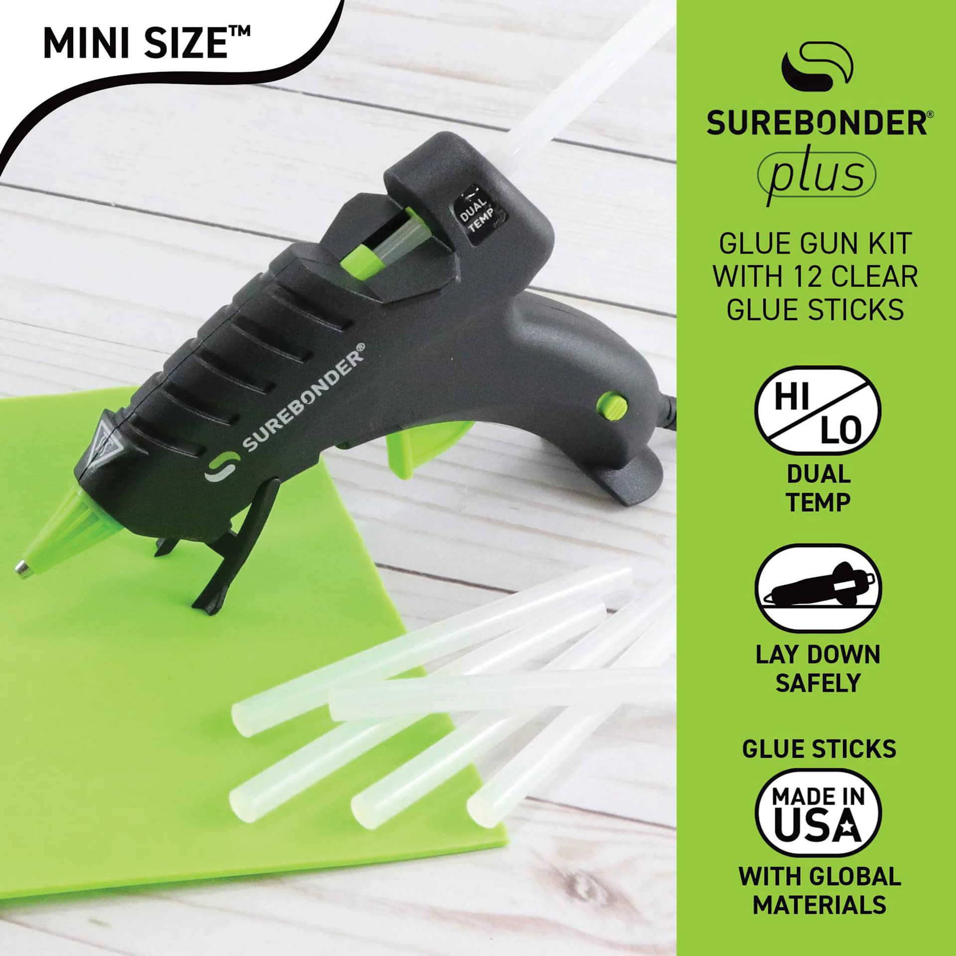 Glue gun kit with 12 clear glue sticks. High/Low dual temperature. Lay down safely. Glue sticks made in the USA with global materials.