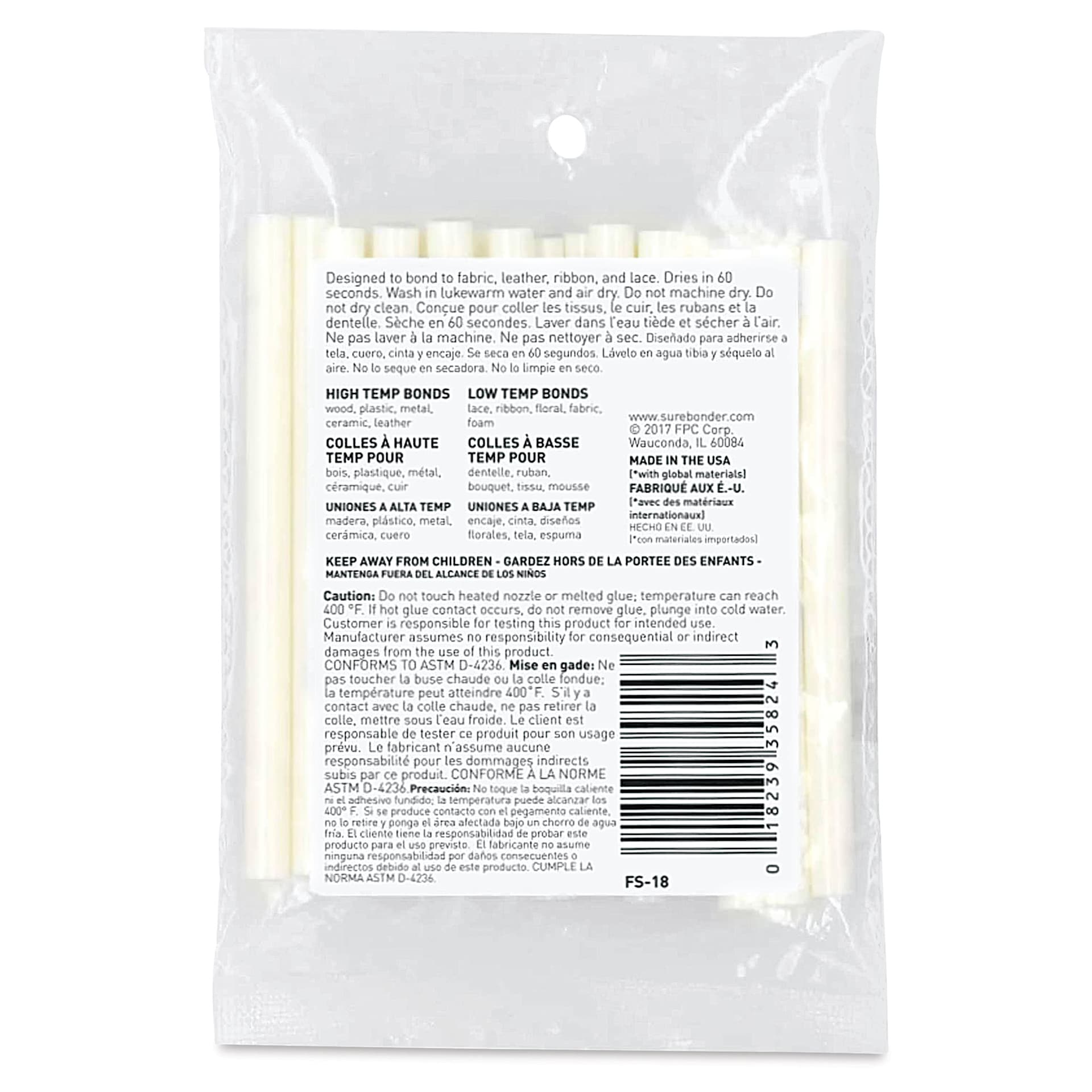 Surebonder Mini Fabric Stik All-Temp Hot Glue Sticks - 4" x 5/16", Pkg of 18 (Back of package)