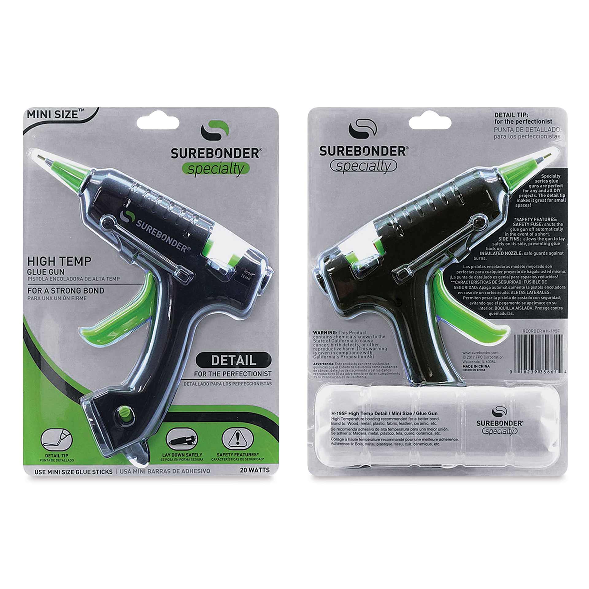 Surebonder Detail Tip High Temp Mini Glue Gun - Front and back of blister package showing Gun
