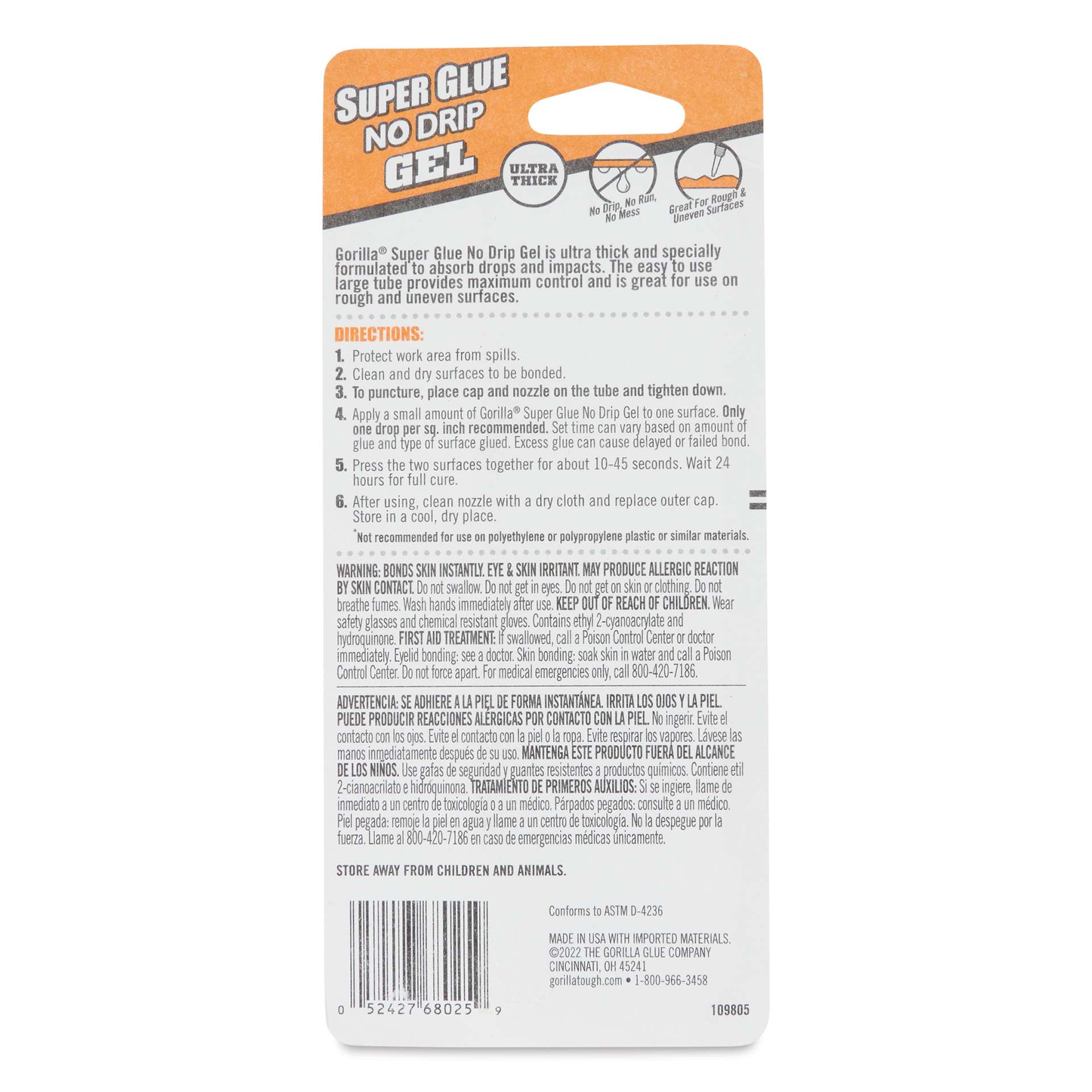 Gorilla Super Glue Gel - Precise, 0.5 oz back of packaging