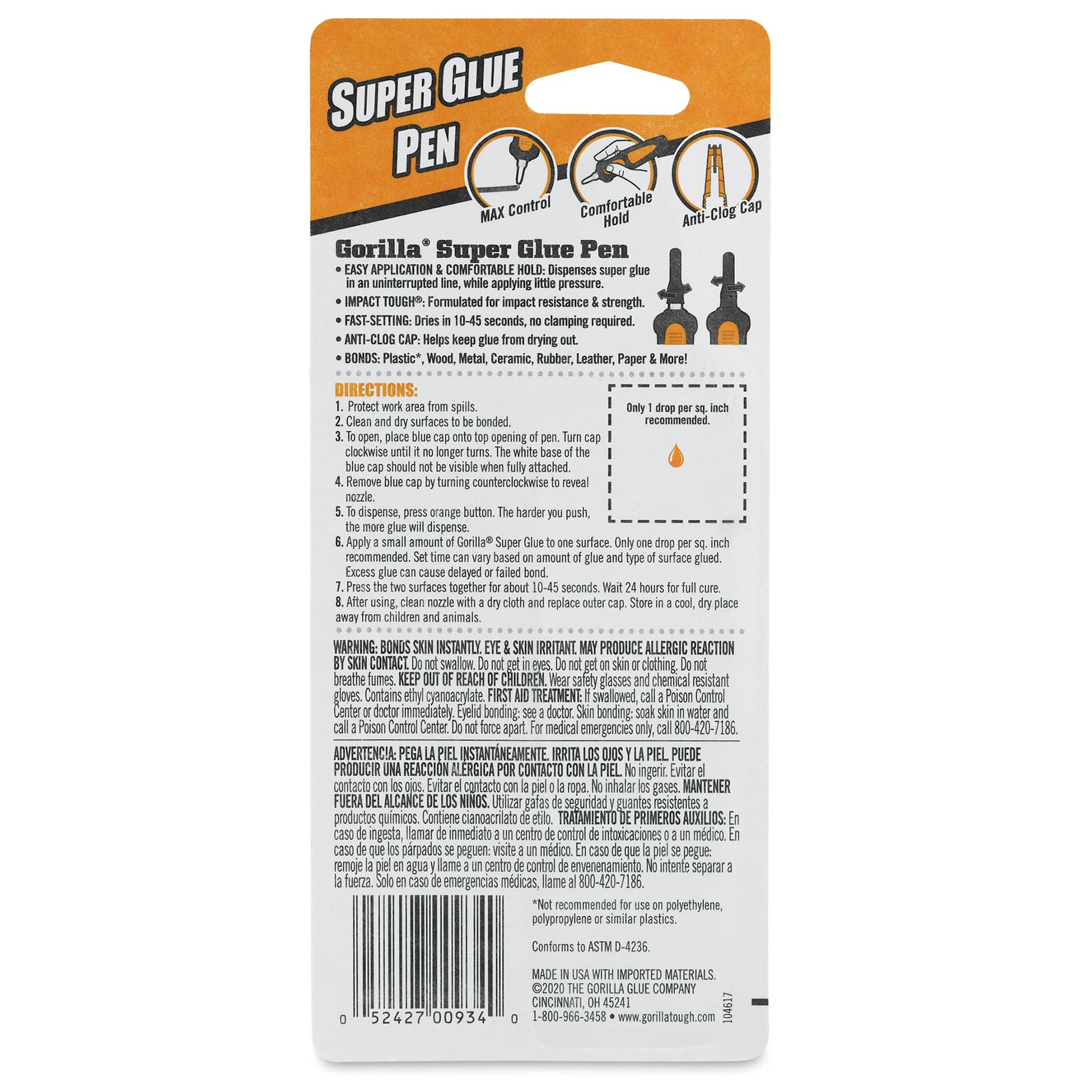 Gorilla Super Glue - Pen, 0.2 oz (Back of package)