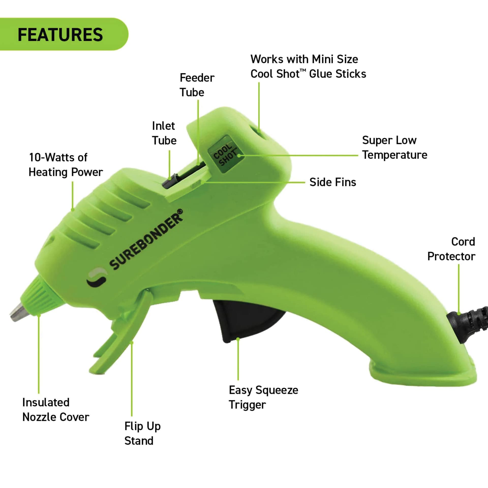 Surebonder Specialty Series Cool Shot Super Low Temp Mini Glue Gun, display of features