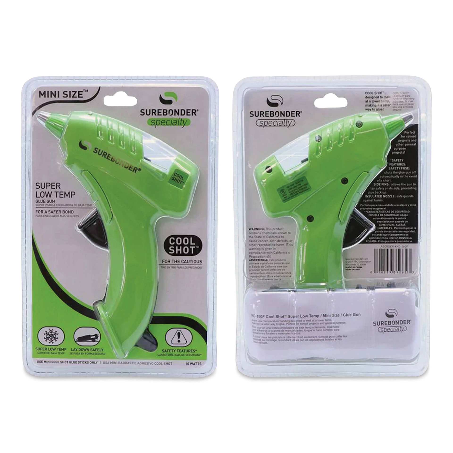 Surebonder Specialty Series Cool Shot Super Low Temp Mini Glue Gun, front and back of the packaging
