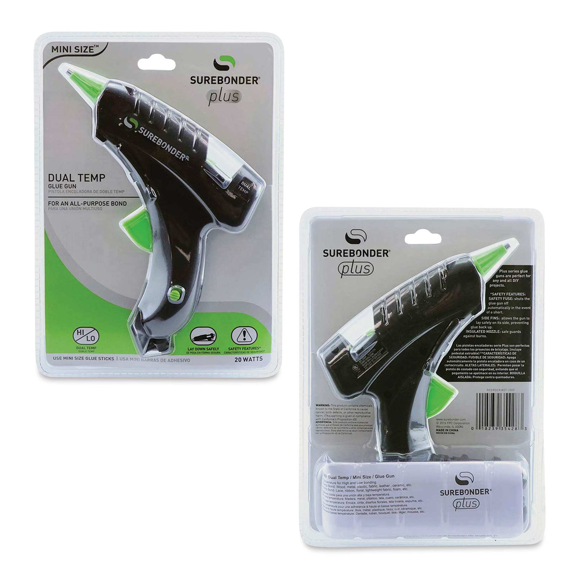 Surebonder Plus Series Mini Dual Temp Glue Gun, front and back of the packaging Surebonder Plus Series Mini Dual Temp Glue Gun, front and back of the packaging