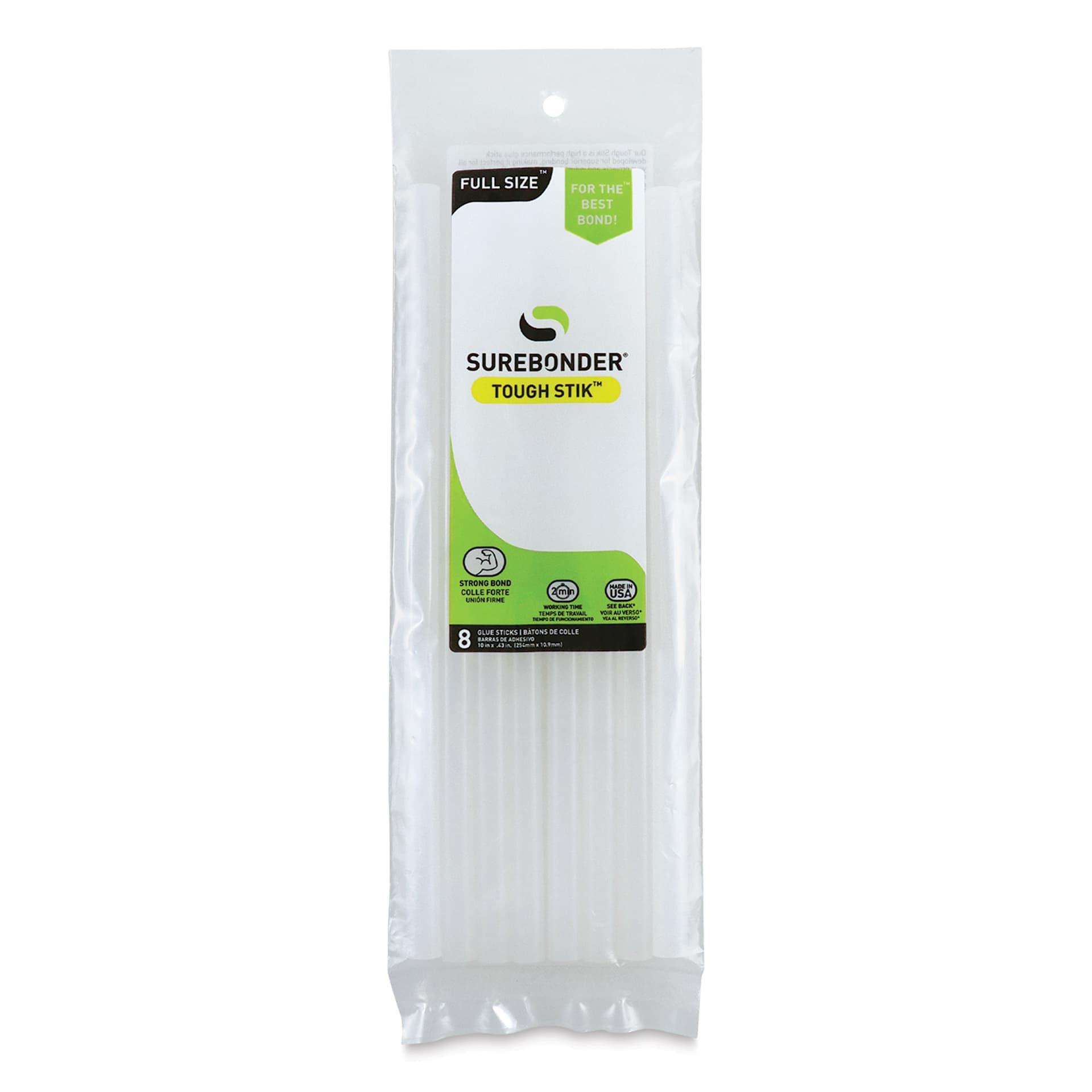 Surebonder Tough Stik High Performance High Temp Acrylic Glue Sticks - Front of package of 8 Glue Sticks