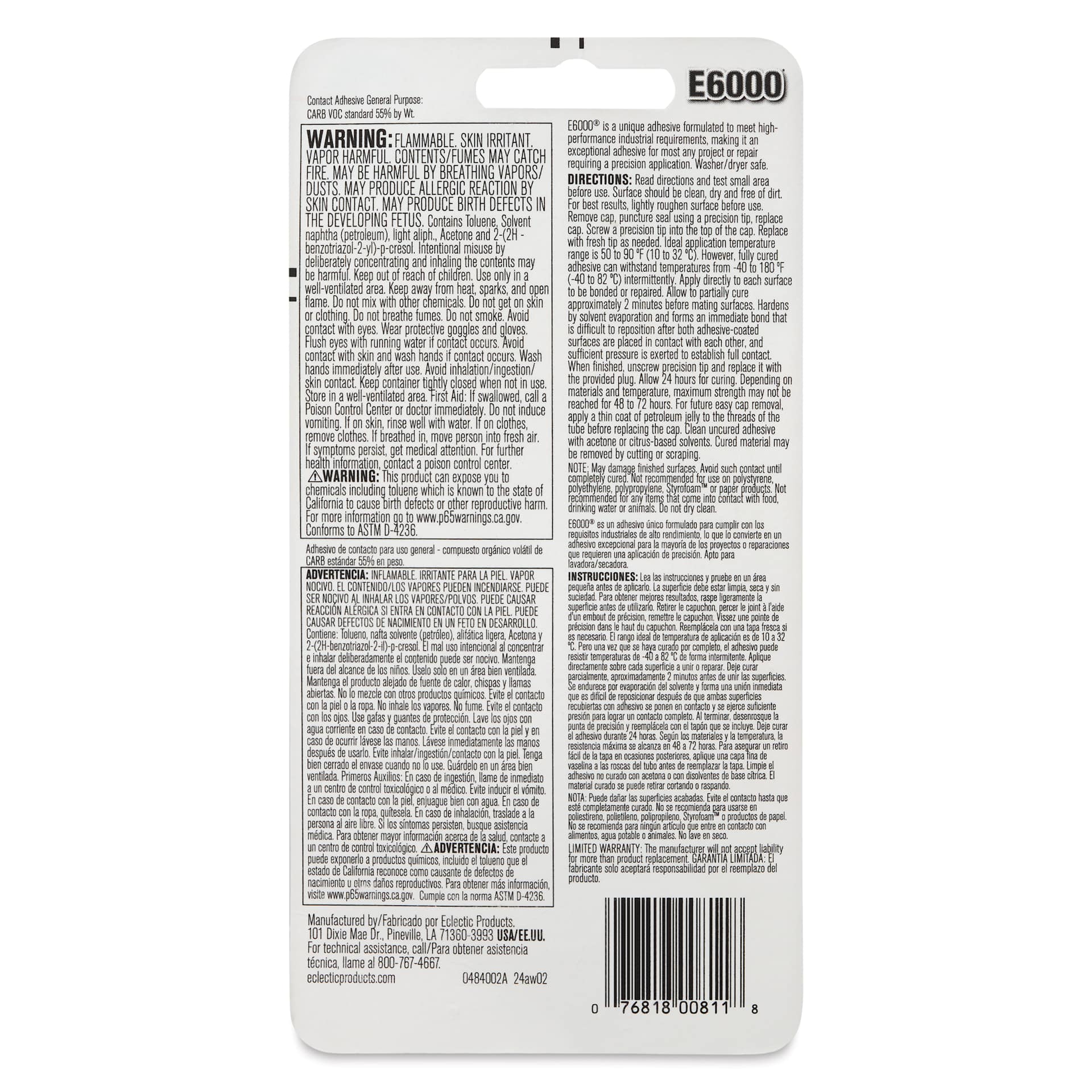 E6000 Industrial Strength Contact Adhesive - Precision Tips, back of packaging