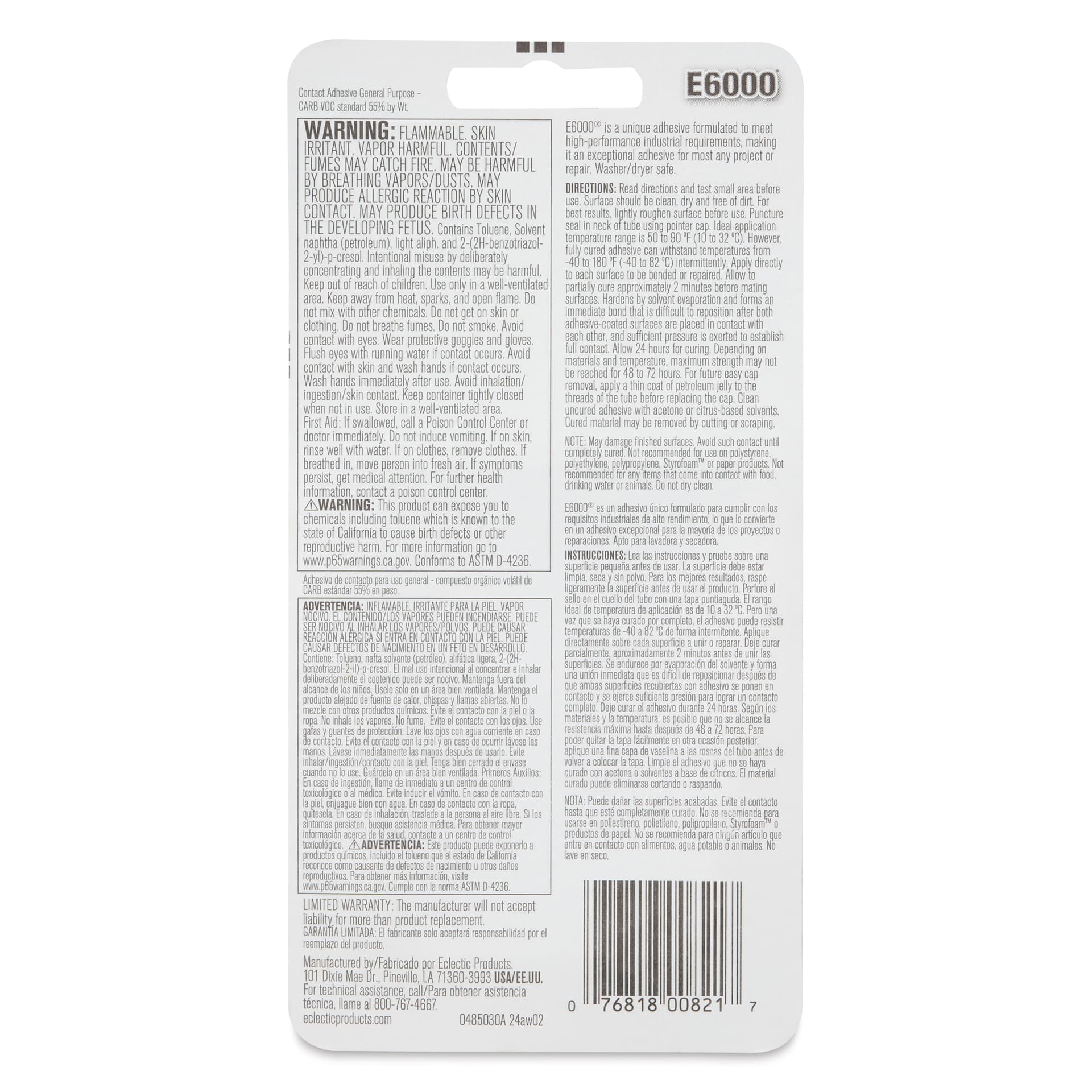 E6000 Industrial Strength Contact Adhesive - Mini Tubes, Pkg of 4, back of packaging