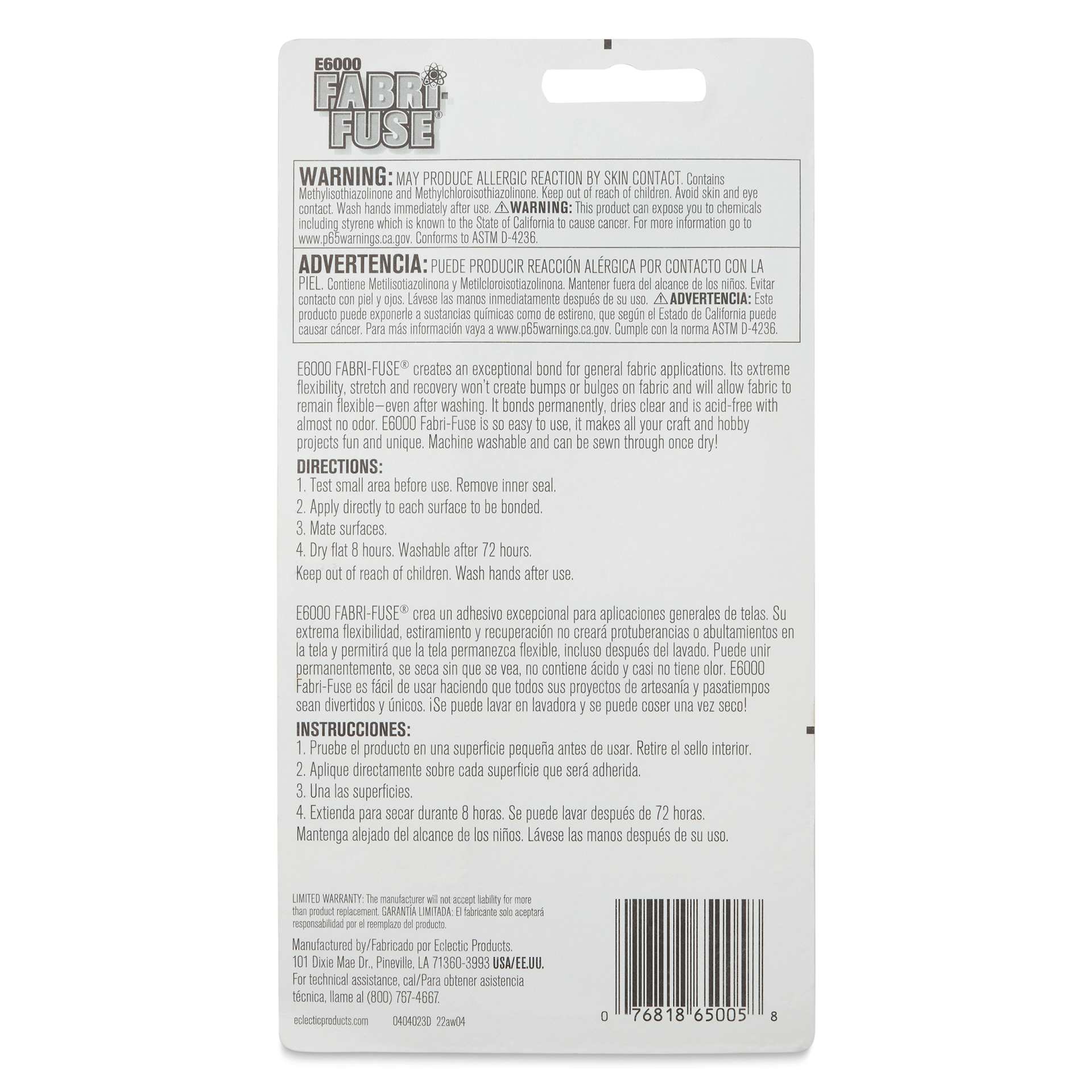 E6000 Fabri-Fuse Premium Fabric Glue, back of packaging
