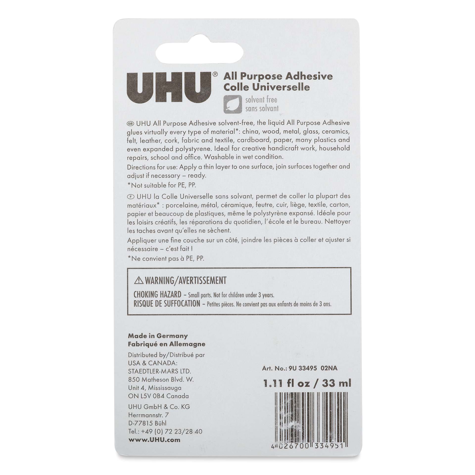 UHU Solvent Free All Purpose Adhesive - 1.11 oz - back of packaging