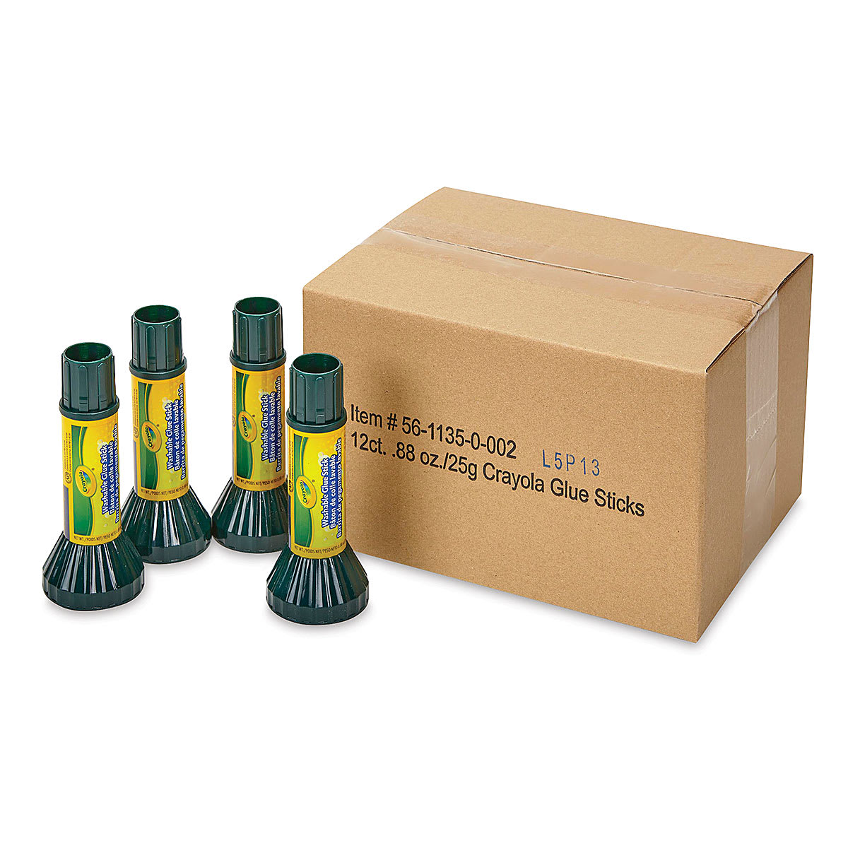 Crayola Washable Glue Sticks - .88 oz, Pkg of 12, four sticks in front of the box