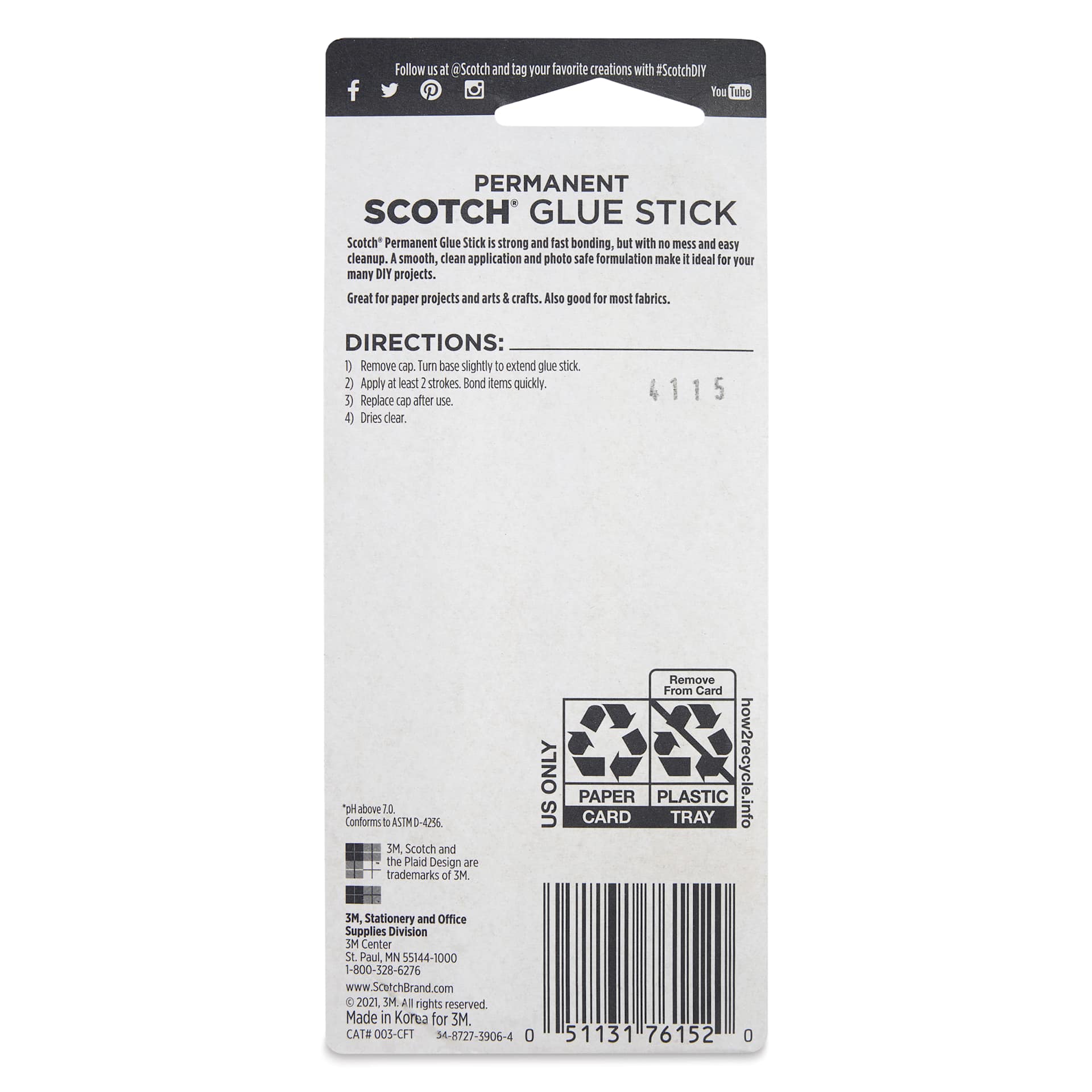 Scotch Permanent Glue Stick - back of packaging