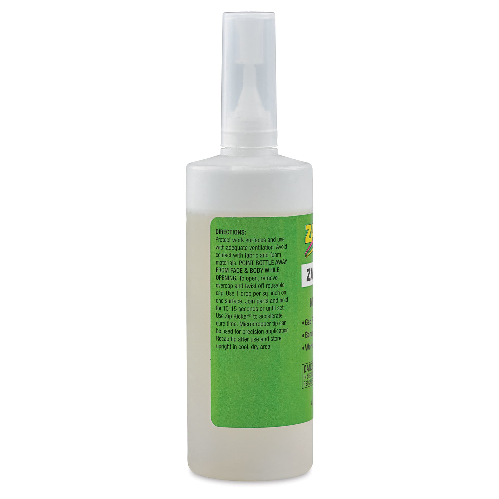 Zap-A-Gap CA+ Adhesive - Medium, 4 oz, side of the packaging showing usage directions