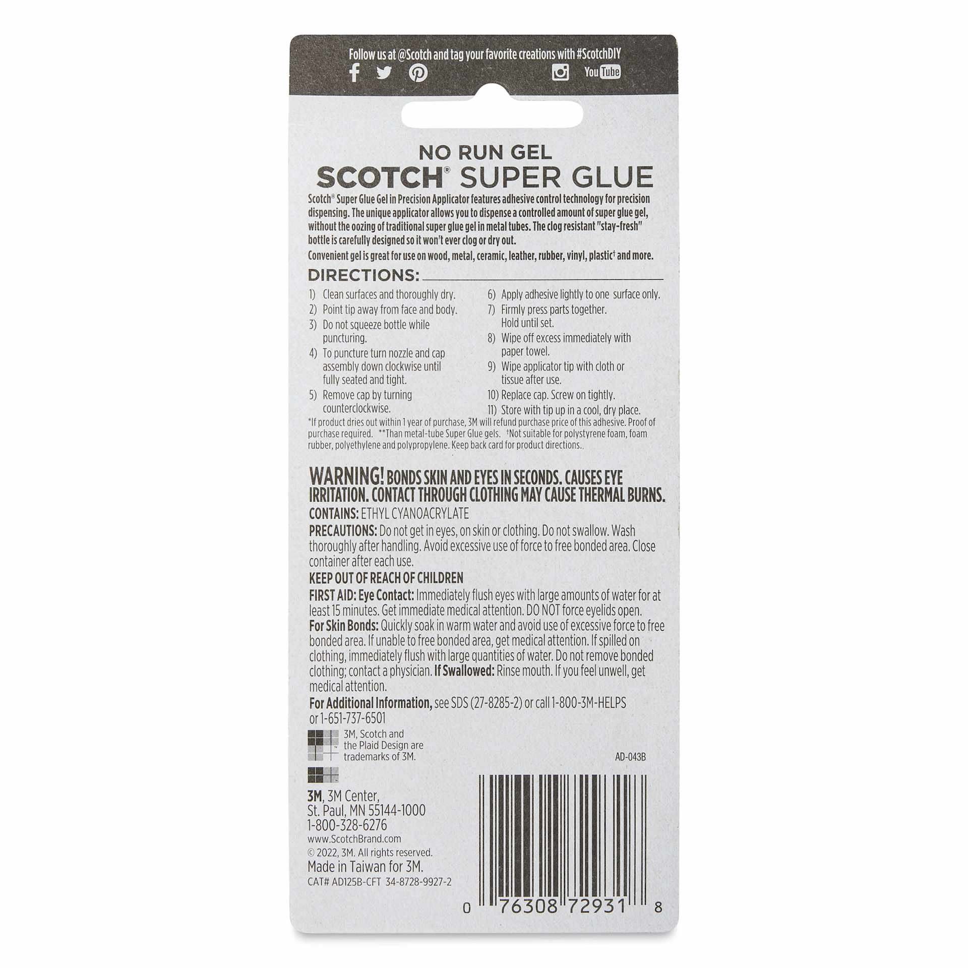 Scotch Super Glue Gel - Precision Tip, 0.14 oz - back of packaging