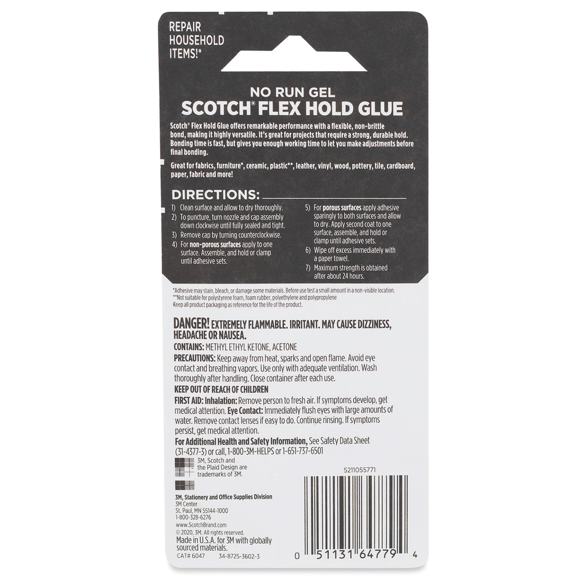 Scotch Ultra Strength Flex Hold Glue - back of packaging
