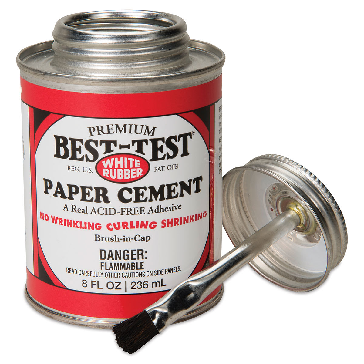 Best-Test Acid-Free Paper Cement - 8 oz can shown open with brush/lid