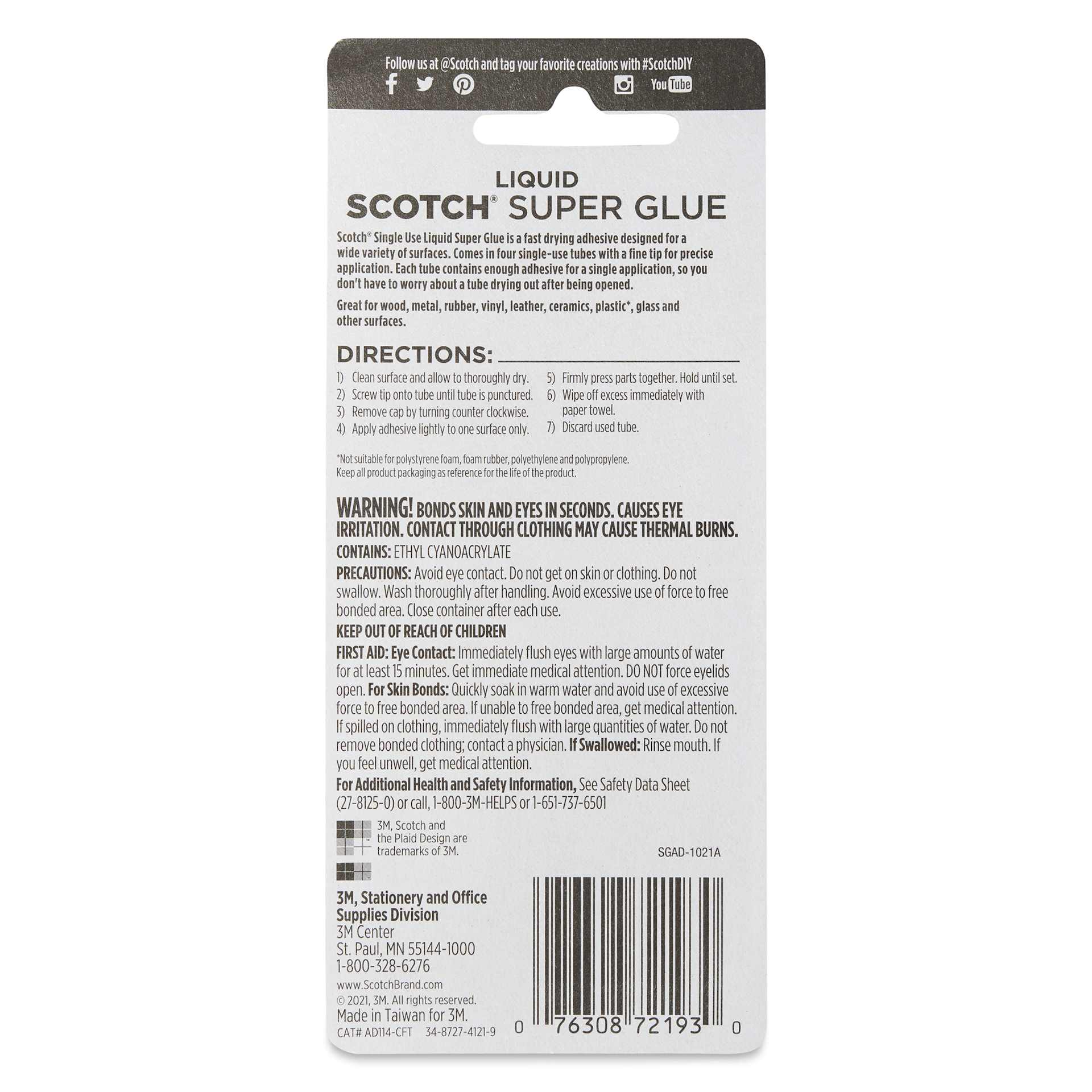 Scotch Super Glue - Single-Use, Pkg of 4, 0.017 oz - back of packaging