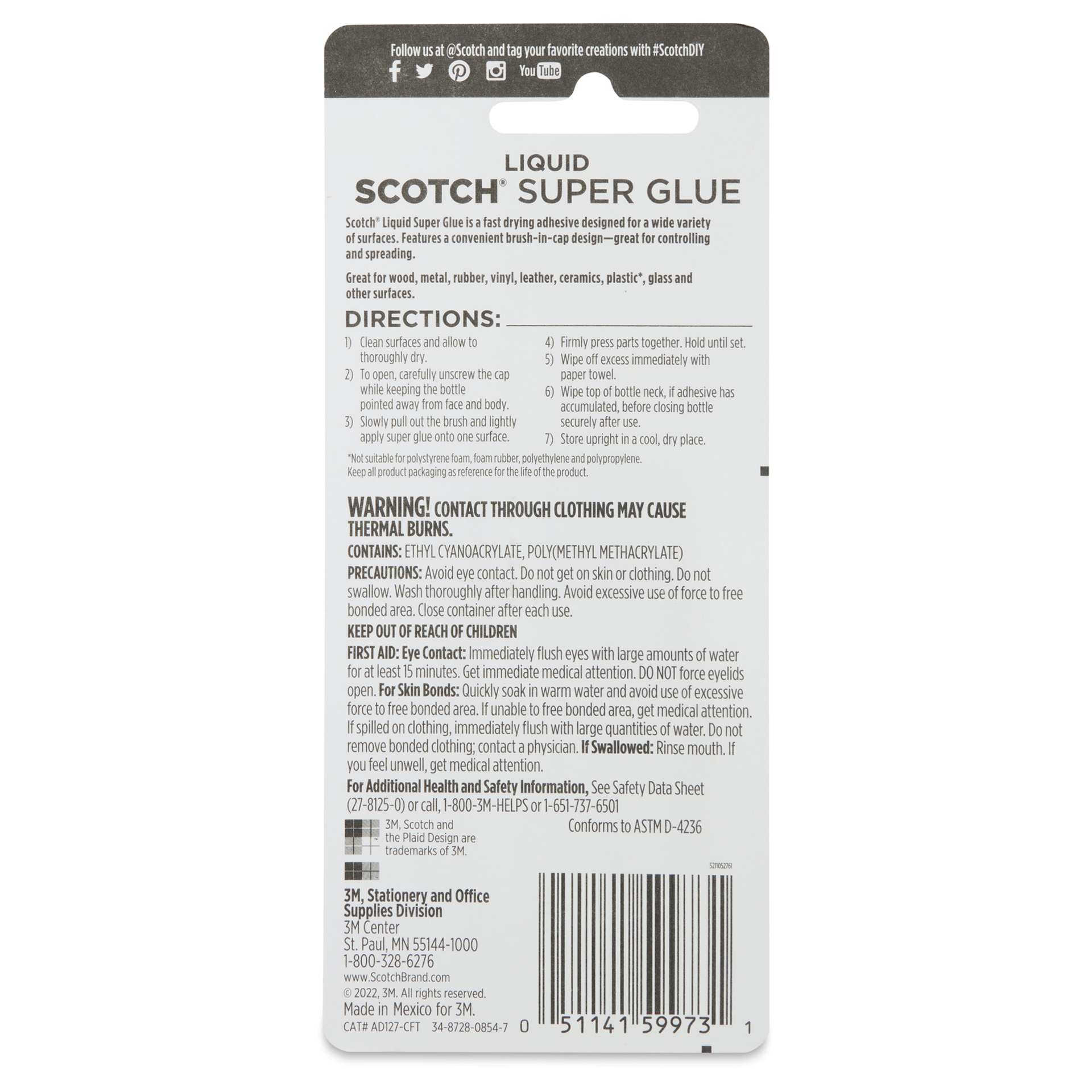 Scotch Super Glue - Brush Tip, 0.17 oz - back of packaging
