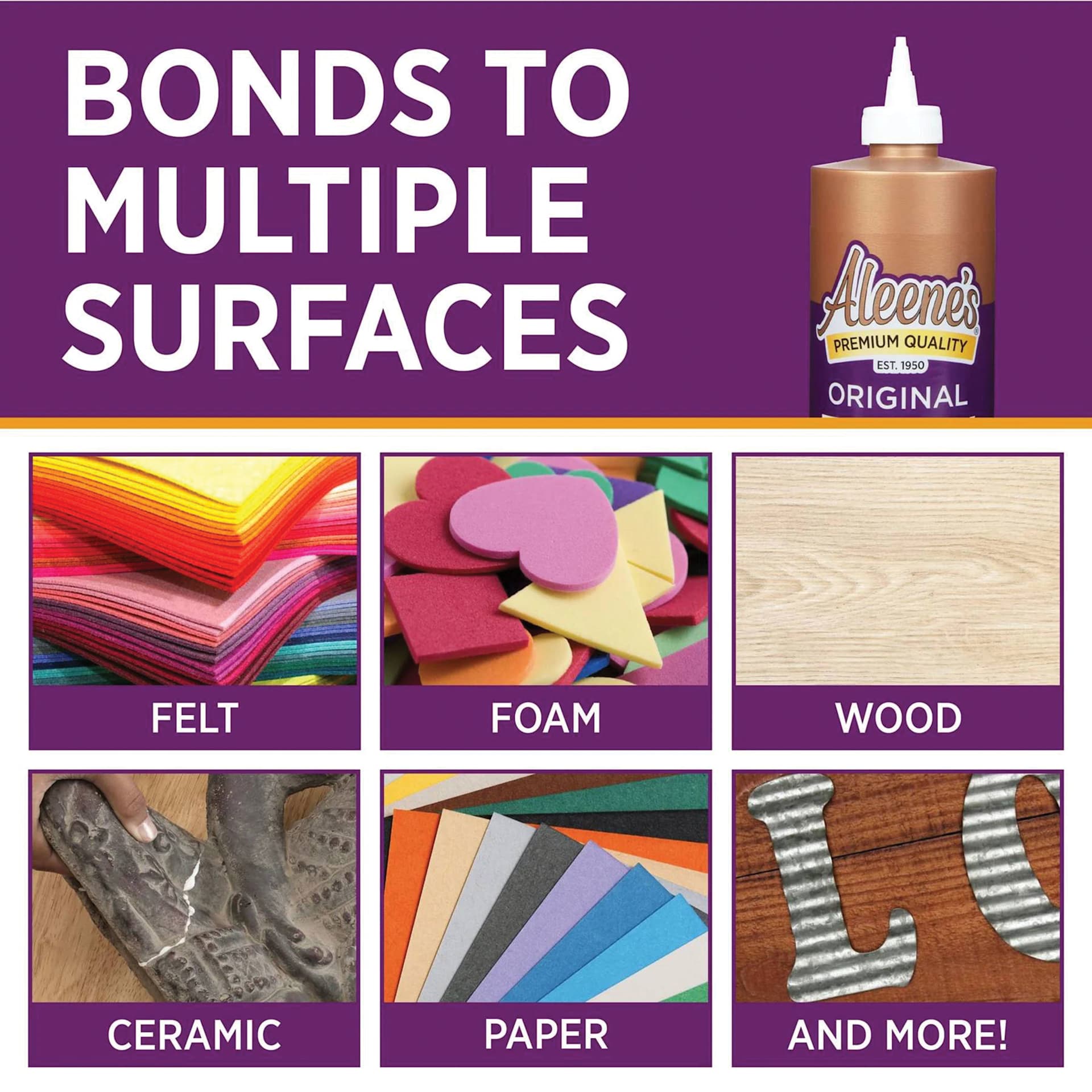 Bonds to multiple surfaces, felt, foam, wood, ceramic, paper, and more!