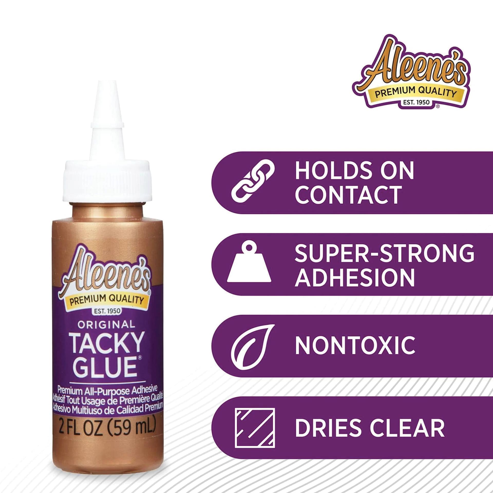 Holds on contact, super-strong adhesion, nontoxic, dries clear.