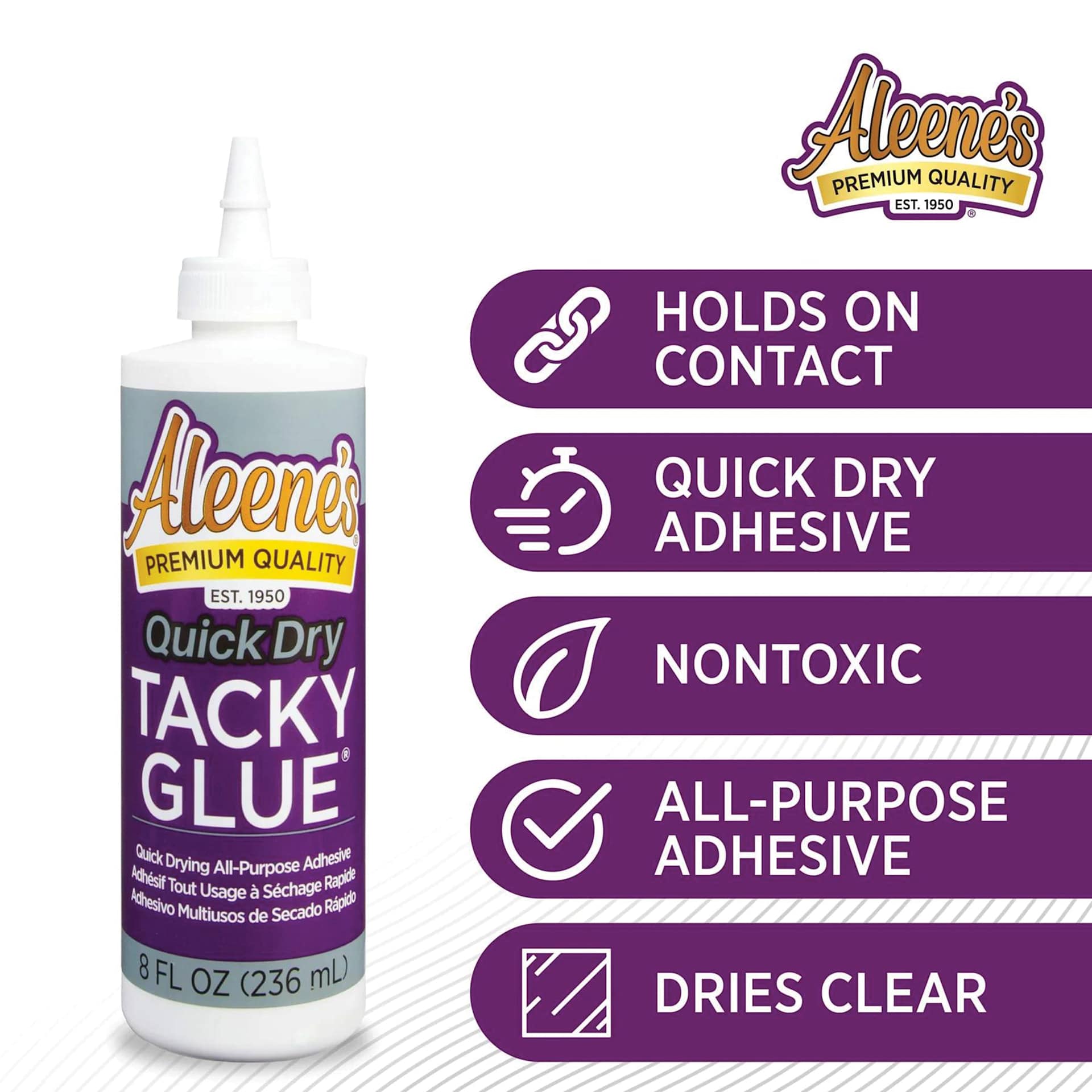 Holds on contact, quick dry adhesive, nontoxic, all-purpose adhesive, dried clear