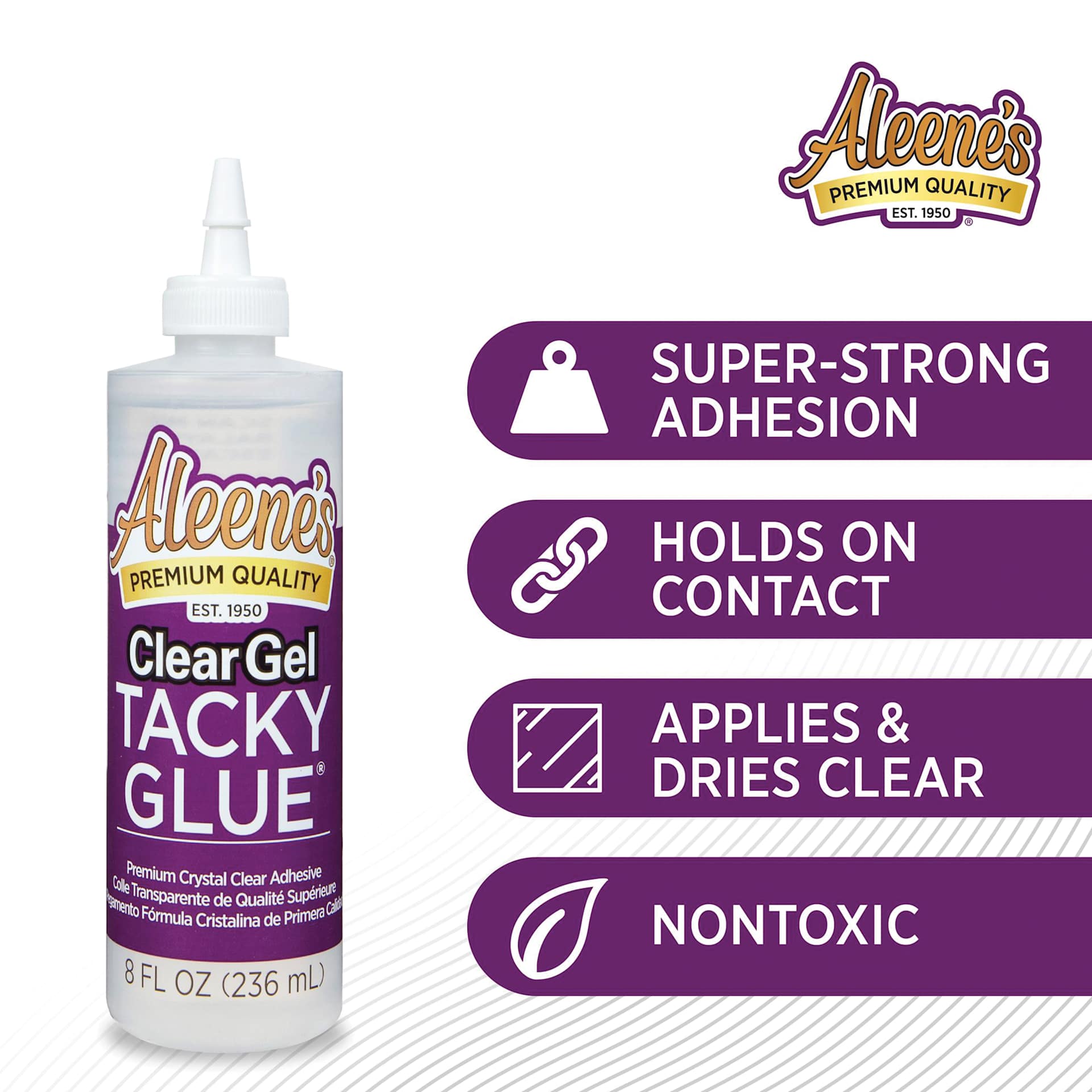 Super-strong adhesion, holds on contact, applies and dries clear, nontoxic.