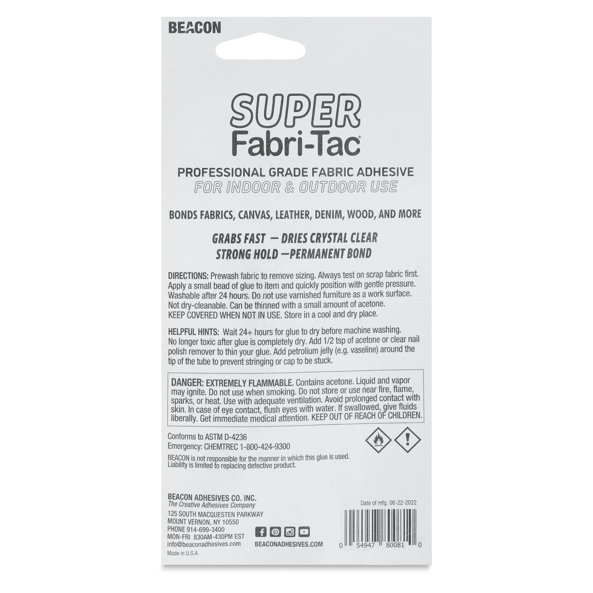 Beacon Super Fabri-Tac Fabric Adhesive - 2.5 oz, back of the packaging