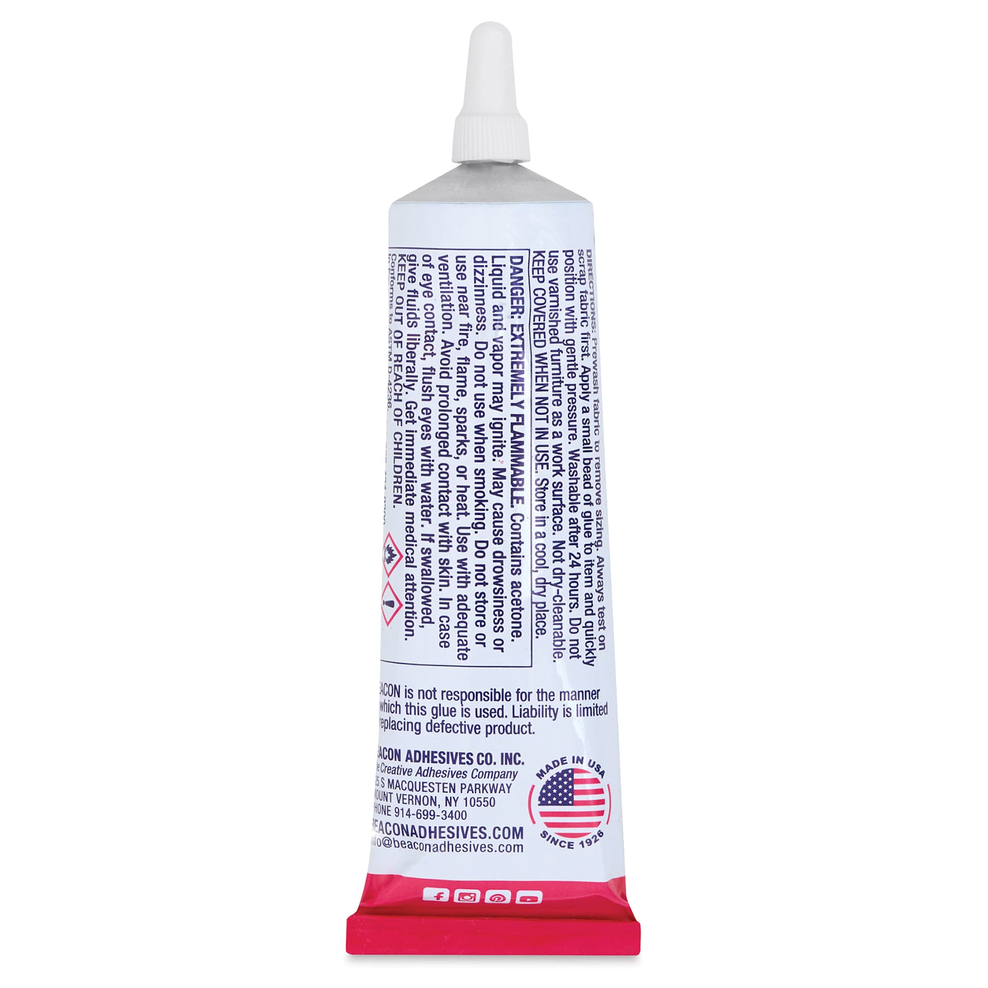 Beacon Super Fabri-Tac Fabric Adhesive - 2.5 oz, back of the tube