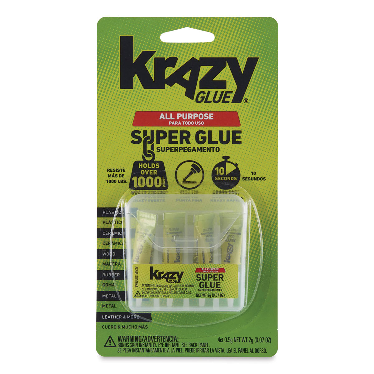 Krazy Glue All Purpose Super Glue - Front of package of 4 Single-Use .5 gram Tubes  in pouch