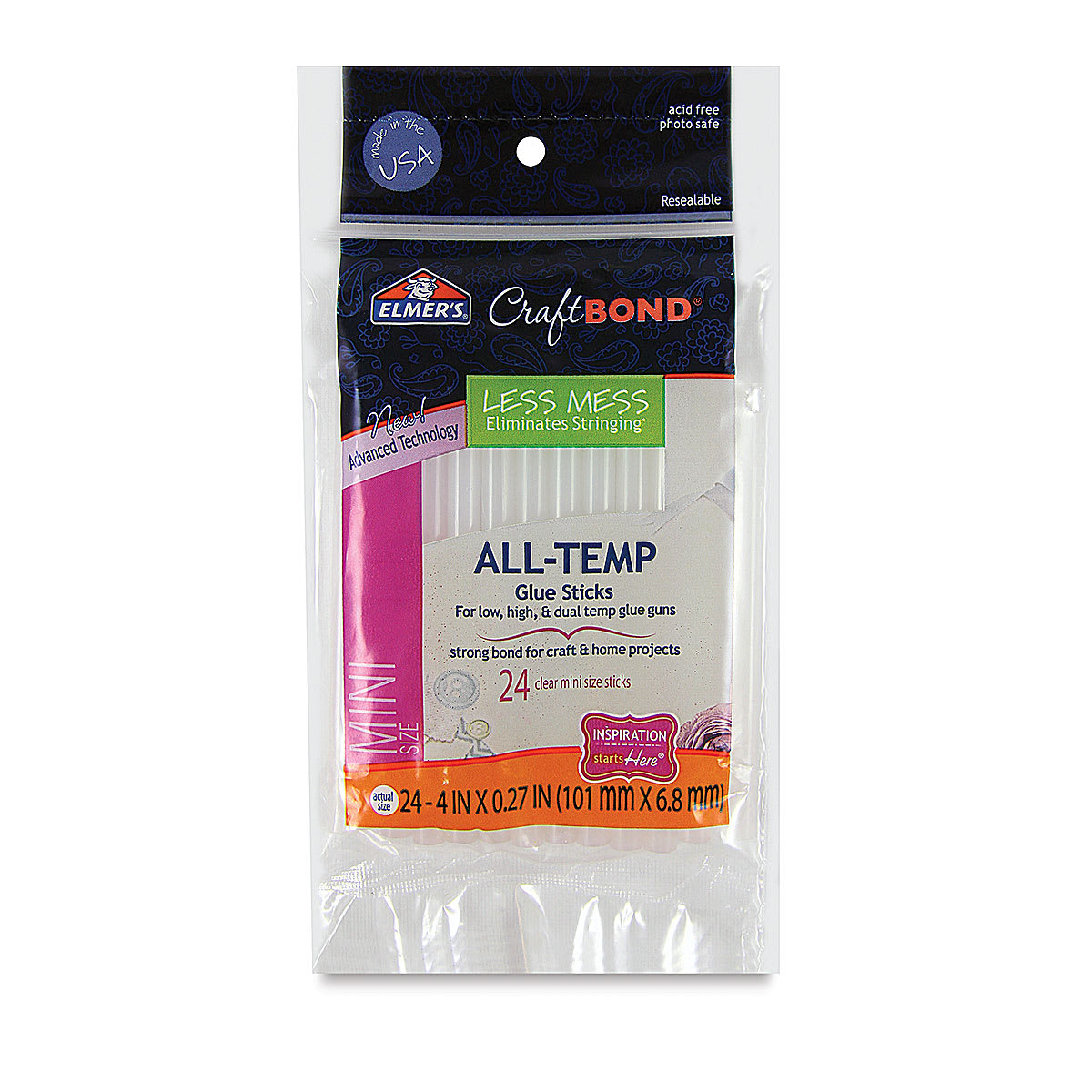 Elmer's CraftBond All-Temp Glue Sticks  - Mini Size 5/16", 4" Length, Pkg of 24